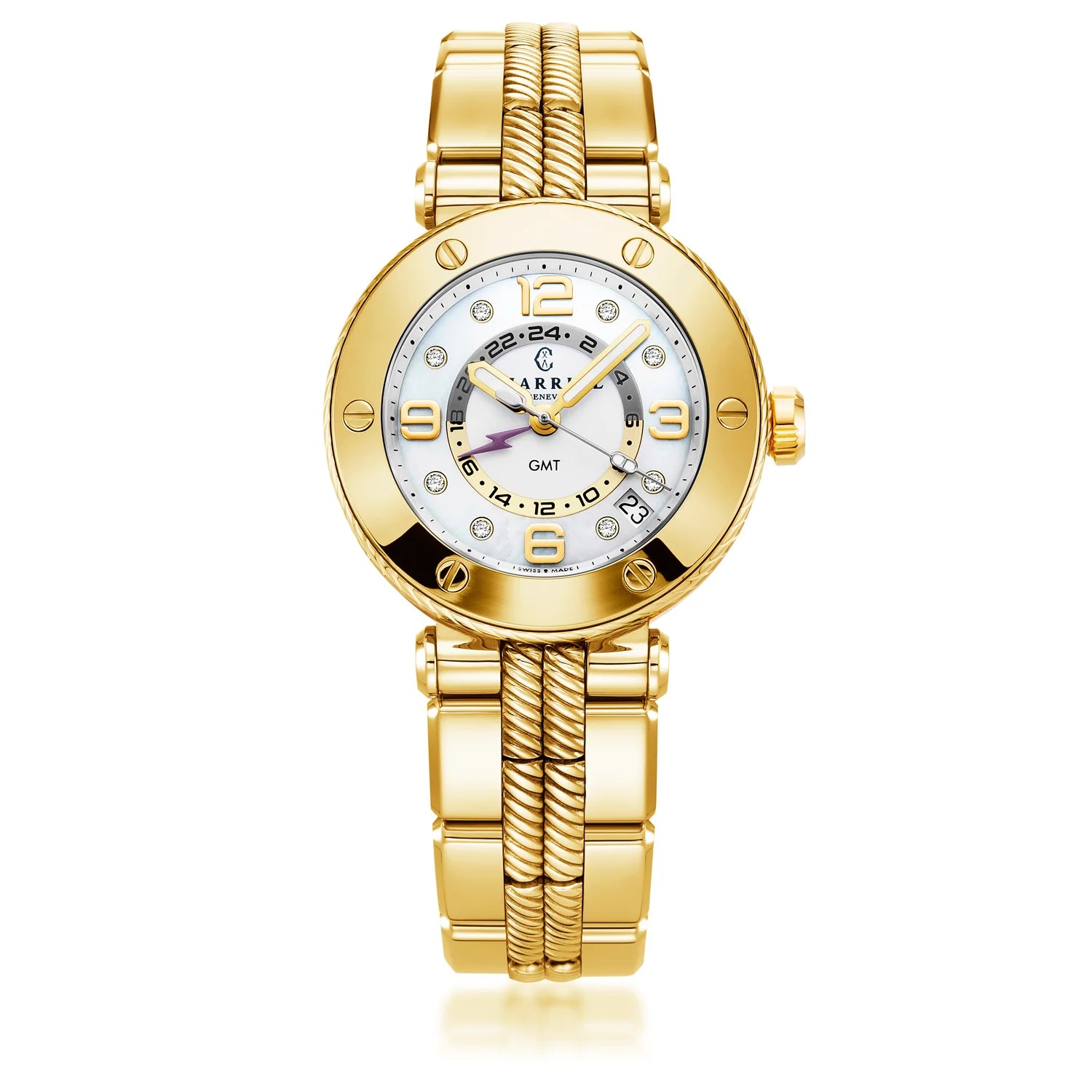 NAVIGATOR SURF GMT, 36MM, KUWARTS GMT KALIBRE, PUTING DIAL, 6 SCREWS BEZEL, BAKAL DILAW NA GINTO PVD MAPAGPAPALIT PULSERAS - Charriol Geneve - Panoorin