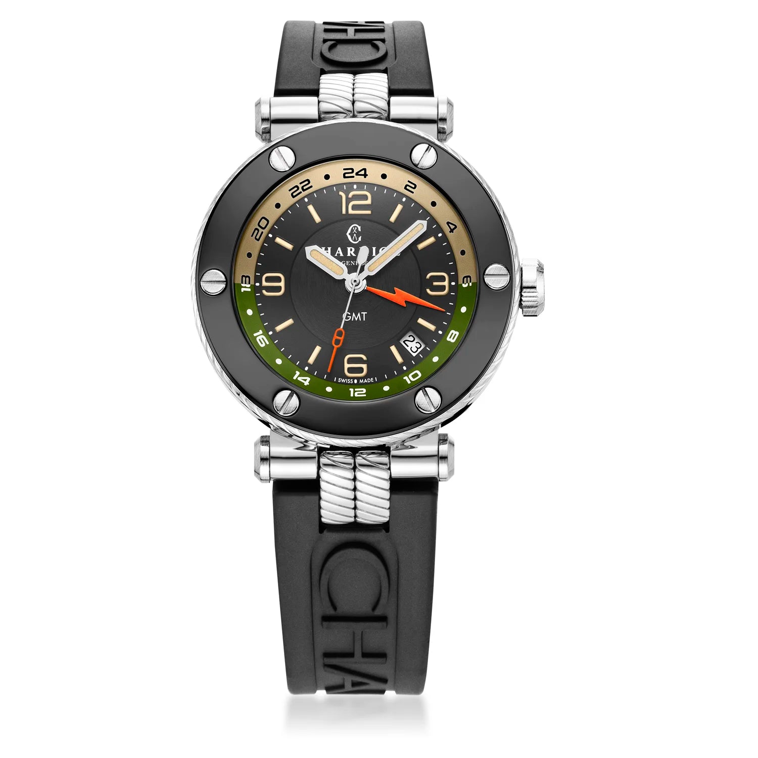 NAVIGATOR SURF GMT, 41MM, AUTOMATIC CALIBRE, BLACK DIAL, 6 SCREWS BEZEL, BLACK RUBBER INTERCHANGEABLE BRACELET, Limited Edition x @time_mechanic - Charriol Geneve - Panoorin