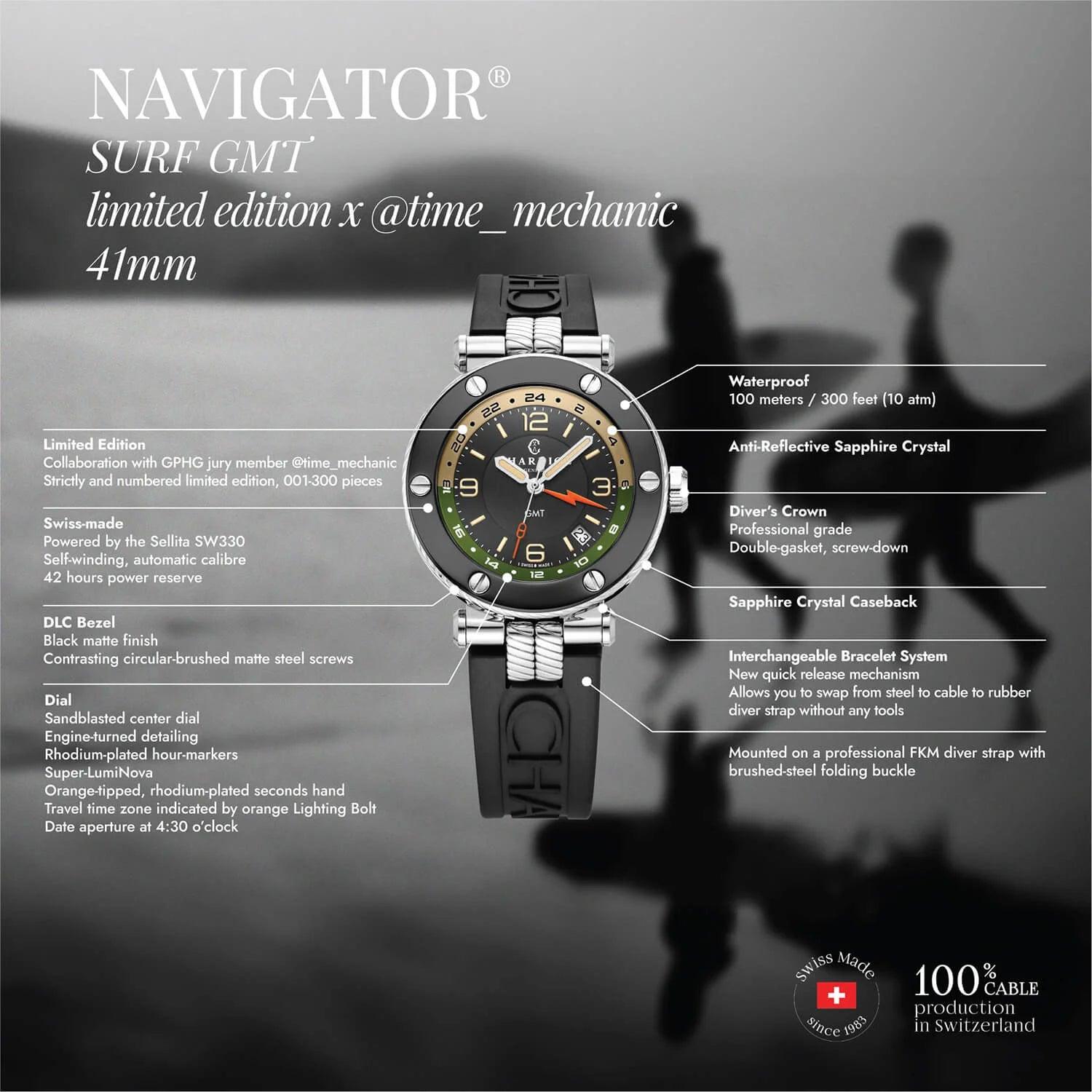 NAVIGATOR SURF GMT, 41MM, AUTOMATIC CALIBRE, BLACK DIAL, 6 SCREWS BEZEL, BLACK RUBBER INTERCHANGEABLE BRACELET, Limited Edition x @time_mechanic - Charriol Geneve - Panoorin