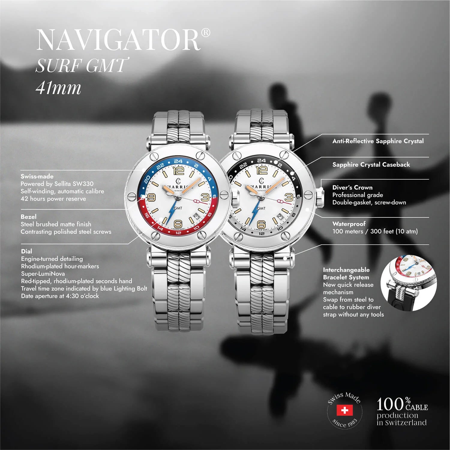 NAVIGATOR SURF GMT, 41MM, AWTOMATIKONG KALIBRE, PUTING DIAL, 6 SCREWS BEZEL, BAKAL MAPAGPAPALIT BRACELET - Charriol Geneve - Panoorin