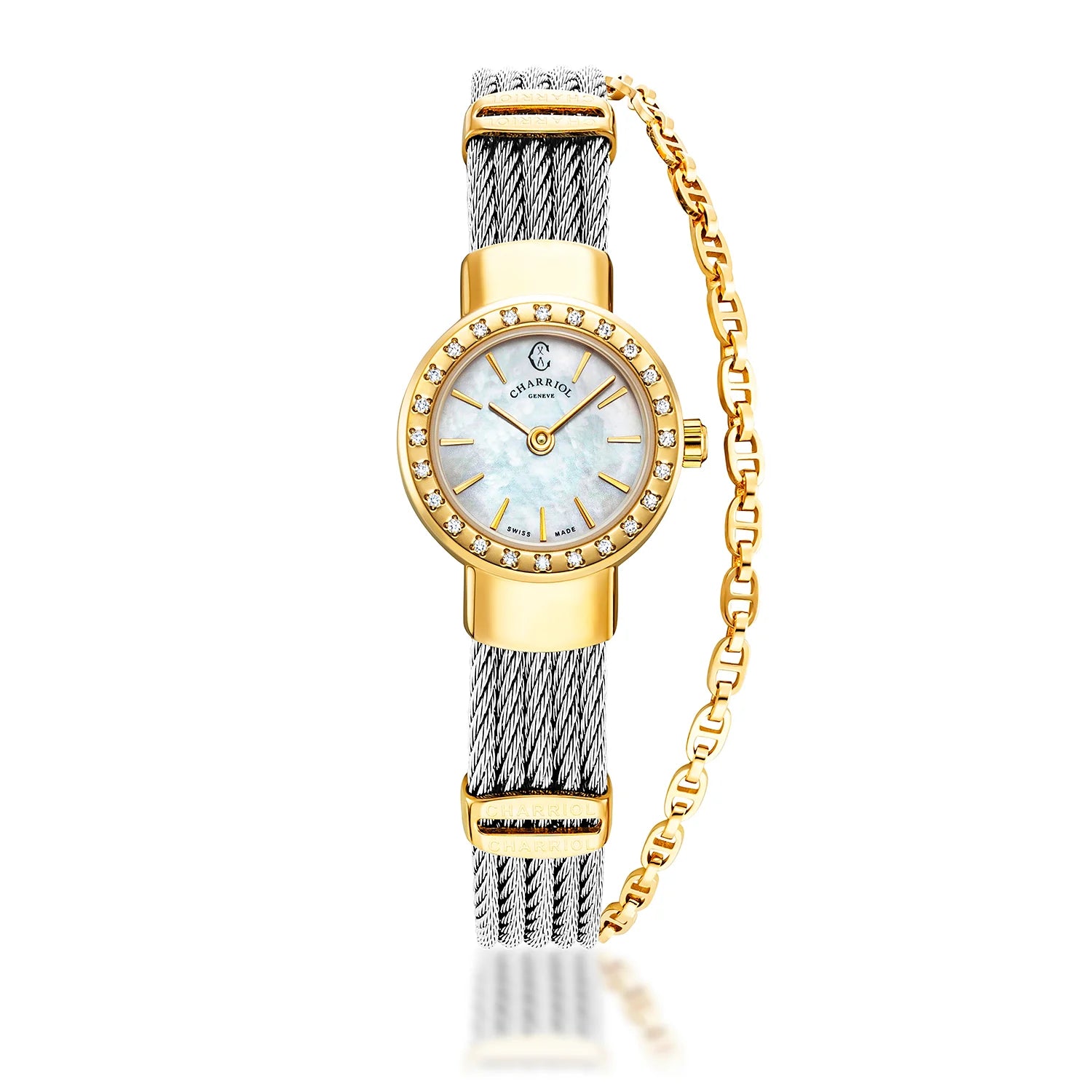 ST TROPEZ, 20MM, QUARTZ CALIBRE, MOTHER-OF-PEARL DIAL, YELLOW GOLD PVD WITH 24 DIAMONDS BEZEL, STEEL CABLE BRACELET - Charriol Geneve - Watch