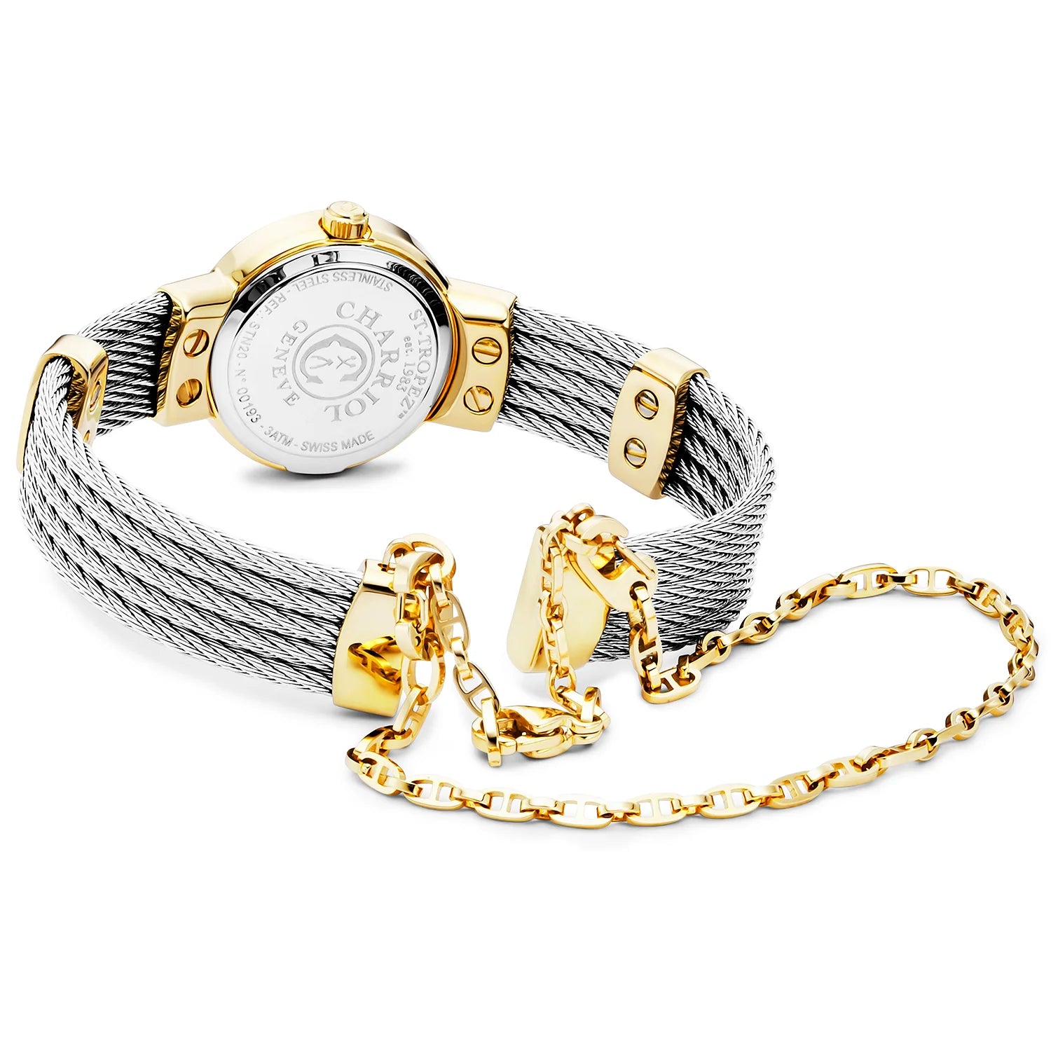 ST TROPEZ, 20MM, KUWARTS KALIBRE, PUTING INA-NG-PERLAS NA MAY 11 DIAMONDS DIAL, BAKAL DILAW NA GINTO PVD BEZEL, BAKAL CABLE BRACELET - Charriol Geneve - Panoorin