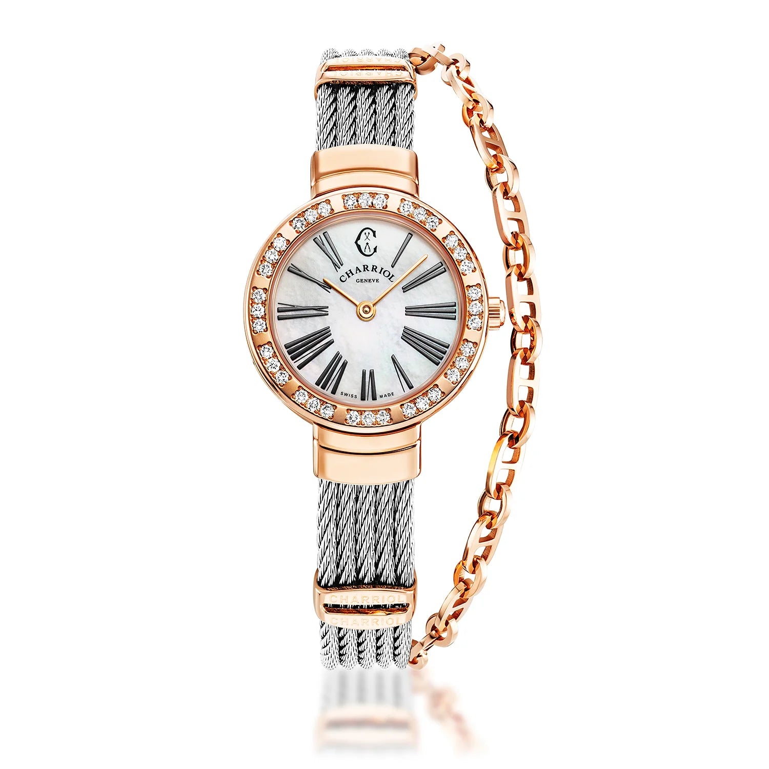 ST TROPEZ, 25MM, QUARTZ CALIBRE, MOTHER-OF-PEARL DIAL, ROSE GOLD PVD WITH 36 DIAMONDS BEZEL, STEEL CABLE BRACELET - Charriol Geneve - Watch