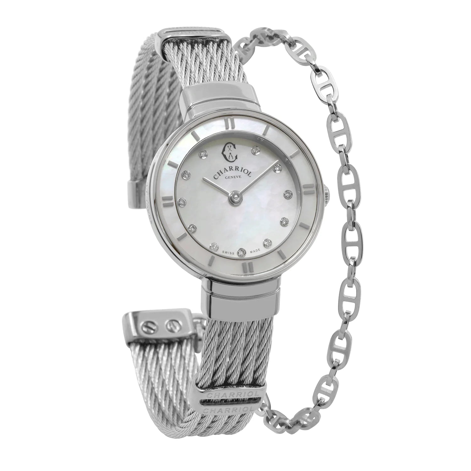 ST TROPEZ, 25MM, KUWARTS KALIBRE, INA-NG PERLAS NA MAY 11 DIAMONDS DIAL, INA-NG PERLAS BEZEL, BAKAL CABLE BRACELET - Charriol Geneve - Panoorin