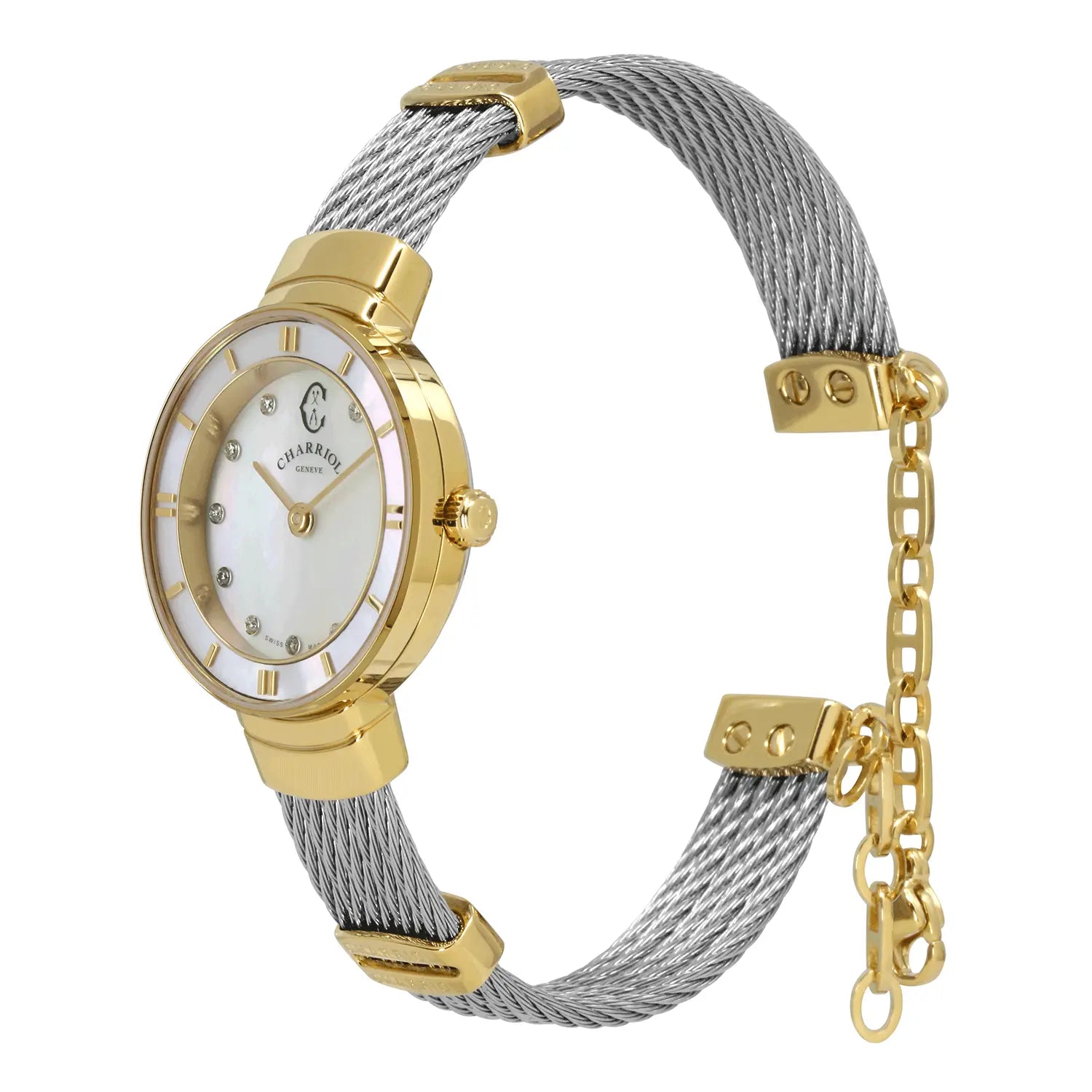 ST TROPEZ, 25MM, KUWARTS KALIBRE, INA-NG-PERLAS NA MAY 11 DIAMONDS DIAL, DILAW NA GINTO PVD BEZEL, BAKAL CABLE BRACELET - Charriol Geneve - Panoorin