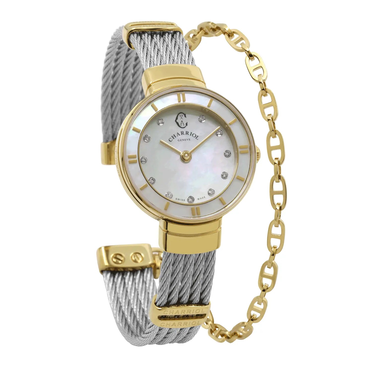 ST TROPEZ, 25MM, KUWARTS KALIBRE, INA-NG-PERLAS NA MAY 11 DIAMONDS DIAL, DILAW NA GINTO PVD BEZEL, BAKAL CABLE BRACELET - Charriol Geneve - Panoorin