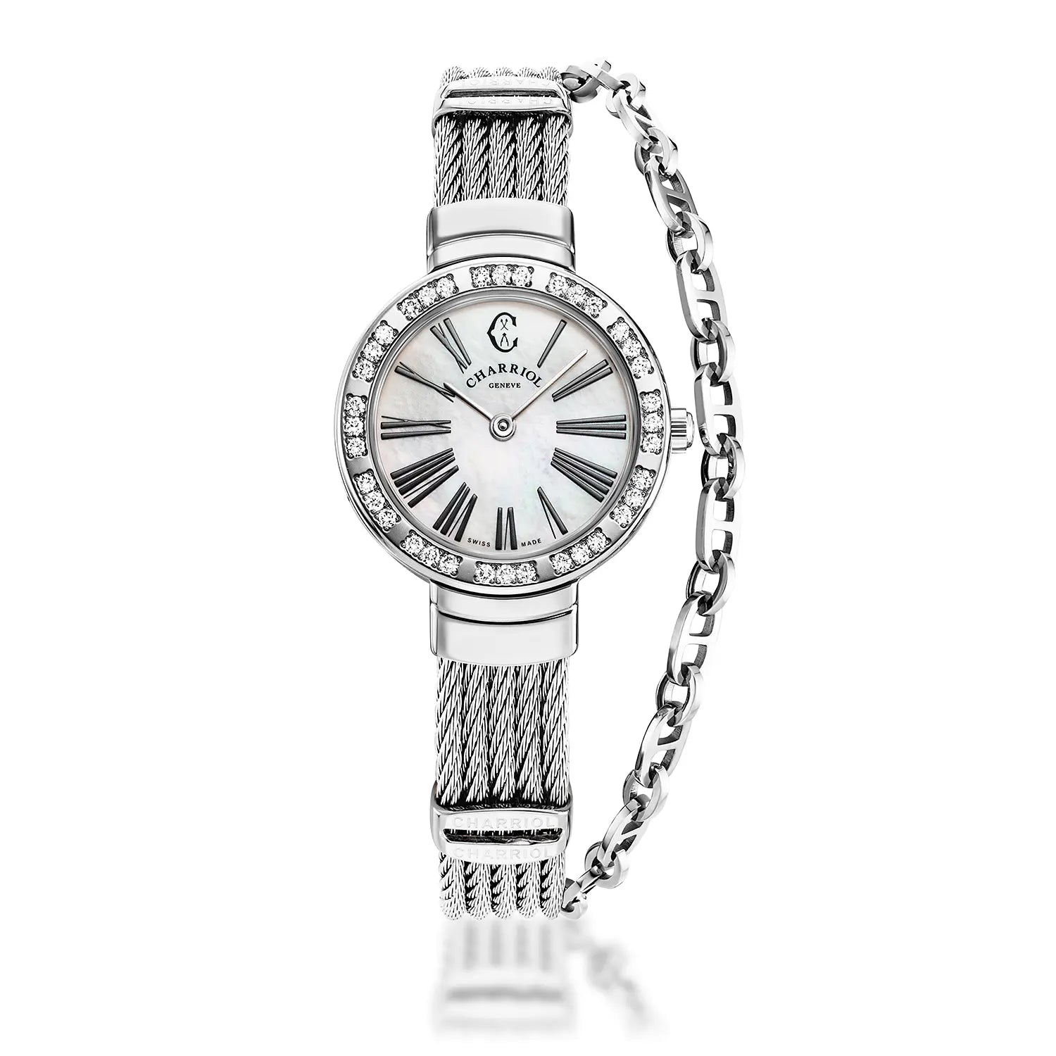 ST TROPEZ, 25MM, QUARTZ CALIBRE, WHITE MOTHER-OF-PEARL WITH ROMAN NUMERALS DIAL, STEEL WITH 36 DIAMONDS BEZEL, STEEL CABLE BRACELET - Charriol Geneve - Watch