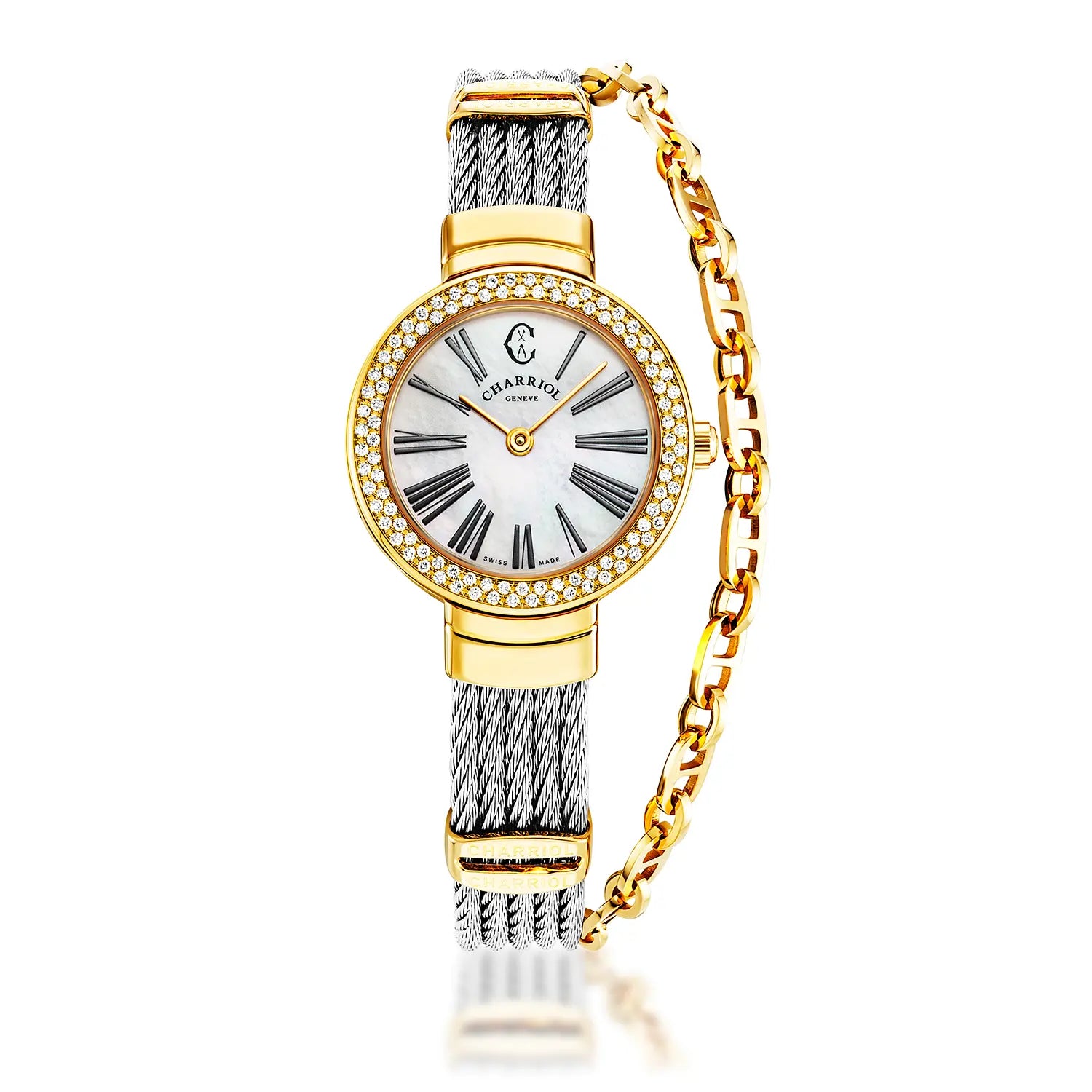 ST TROPEZ, 25MM, QUARTZ CALIBRE, WHITE MOTHER-OF-PEARL WITH ROMAN NUMERALS DIAL, YELLOW GOLD PVD WITH 104 DIAMONDS BEZEL, STEEL CABLE BRACELET - Charriol Geneve - Watch