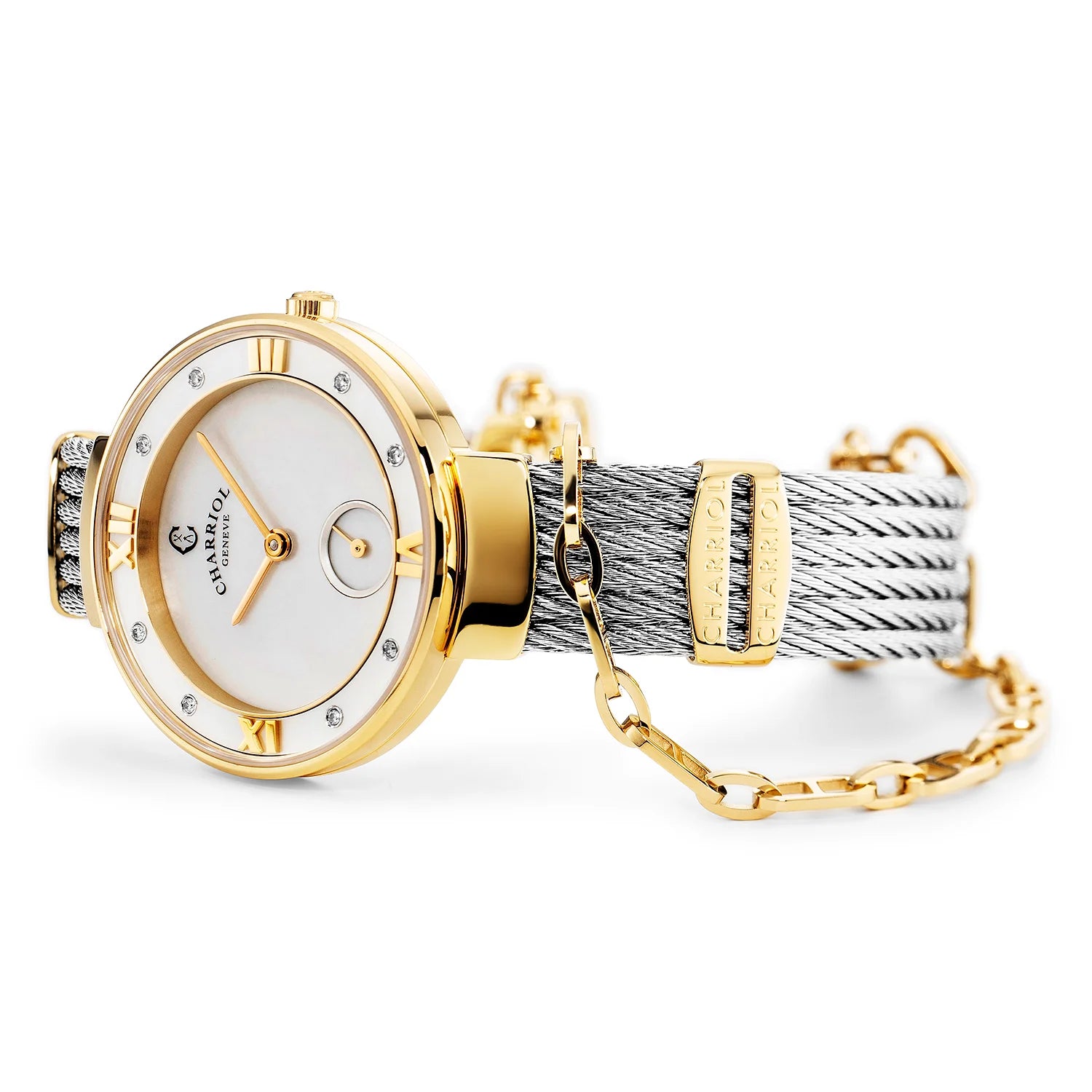 ST TROPEZ, 30MM, KUWARTS KALIBRE, INA-NG-PERLAS DIAL, INA-NG-PERLAS NA MAY 8 DIAMONDS BEZEL, BAKAL CABLE BRACELET - Charriol Geneve - Panoorin