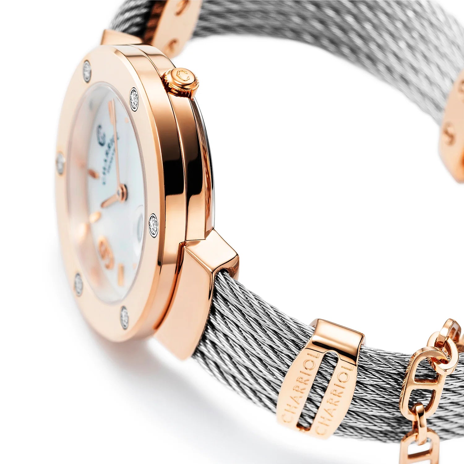 ST-TROPEZ, 30MM, KUWARTS KALIBRE, INA-NG-PERLAS DIAL, ROSAS GINTO PVD NA MAY 6 DIAMONDS BEZEL, BAKAL CABLE PULSERAS - Charriol Geneve - Panoorin