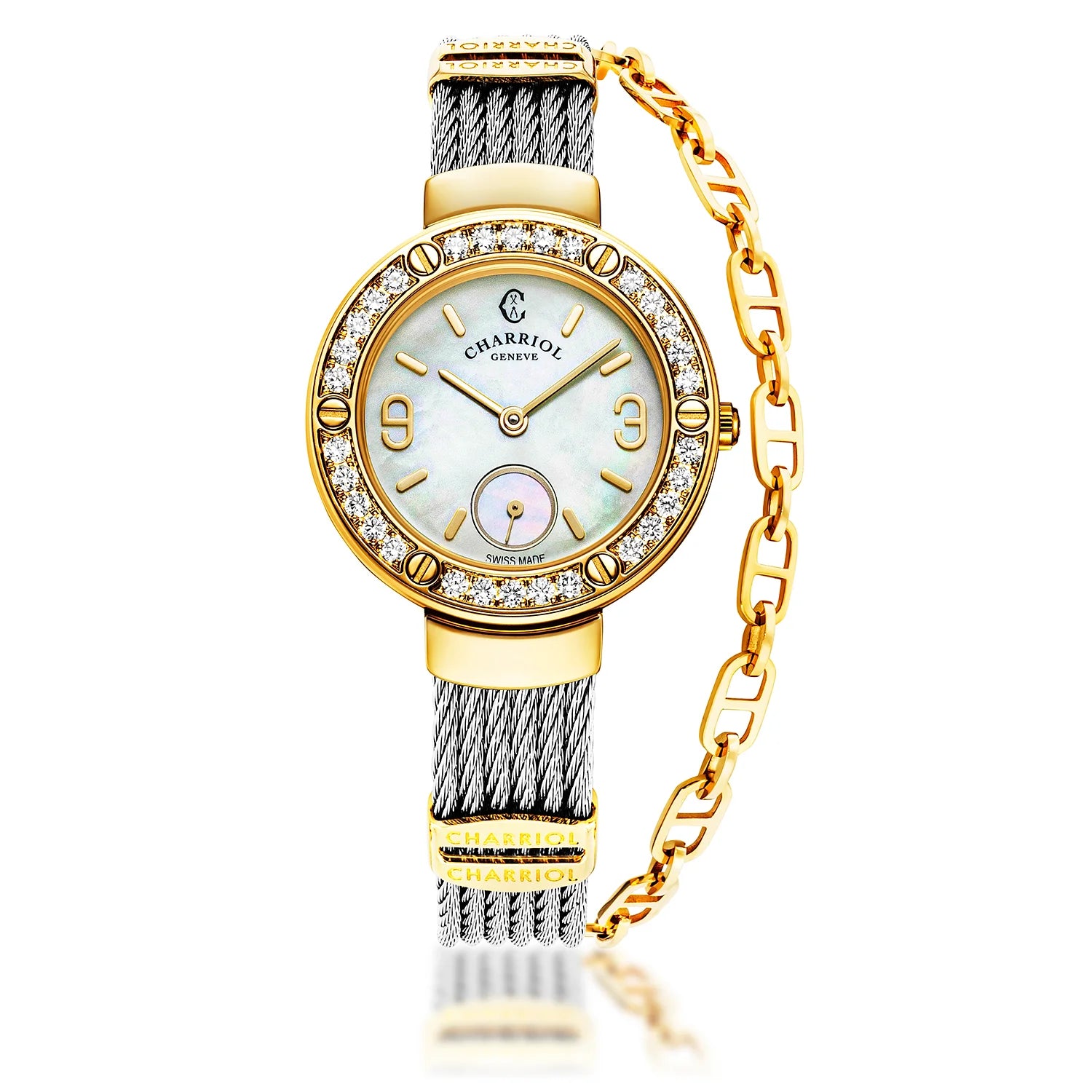 ST TROPEZ, 30MM, QUARTZ CALIBRE, MOTHER-OF-PEARL DIAL, YELLOW GOLD PVD WITH 30 DIAMONDS BEZEL, STEEL CABLE BRACELET - Charriol Geneve - Watch