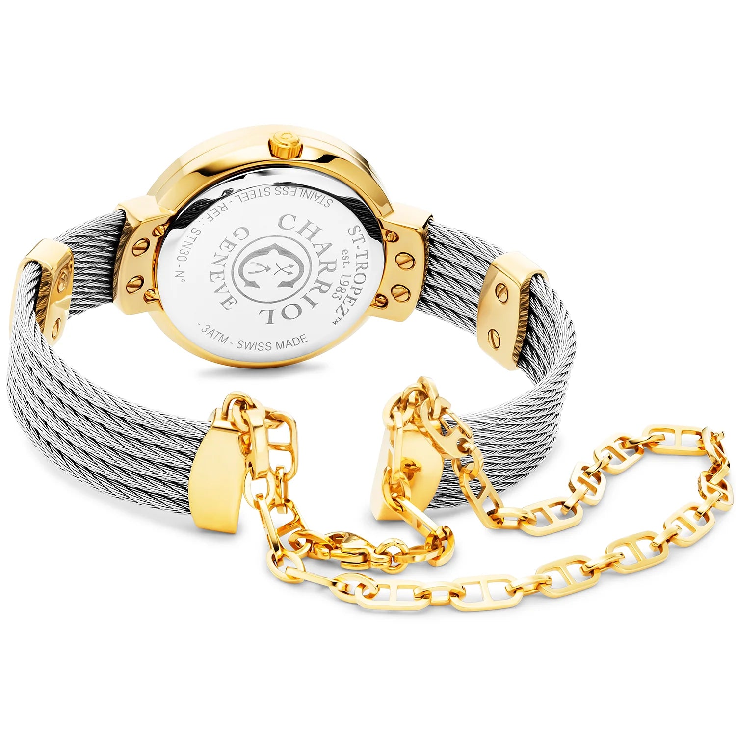 ST TROPEZ, 30MM, QUARTZ CALIBRE, MOTHER-OF-PEARL DIAL, YELLOW GOLD PVD WITH 30 DIAMONDS BEZEL, STEEL CABLE BRACELET - Charriol Geneve - Watch