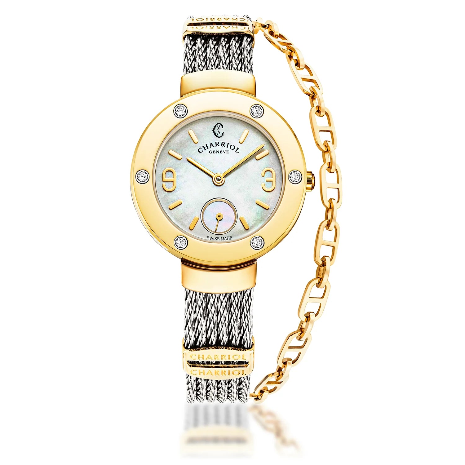 ST TROPEZ, 30MM, QUARTZ CALIBRE, MOTHER-OF-PEARL DIAL, YELLOW GOLD PVD WITH 6 DIAMONDS BEZEL, STEEL CABLE BRACELET - Charriol Geneve - Watch