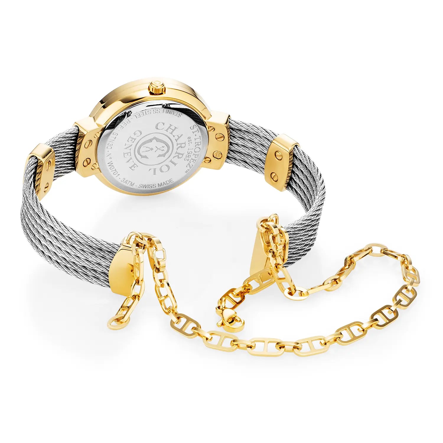 ST TROPEZ, 30MM, KUWARTS KALIBRE, INA-NG-PERLAS NA MAY 10 DIAMONDS DIAL, INA-NG PERLAS BEZEL, BAKAL CABLE PULSERAS - Charriol Geneve - Panoorin