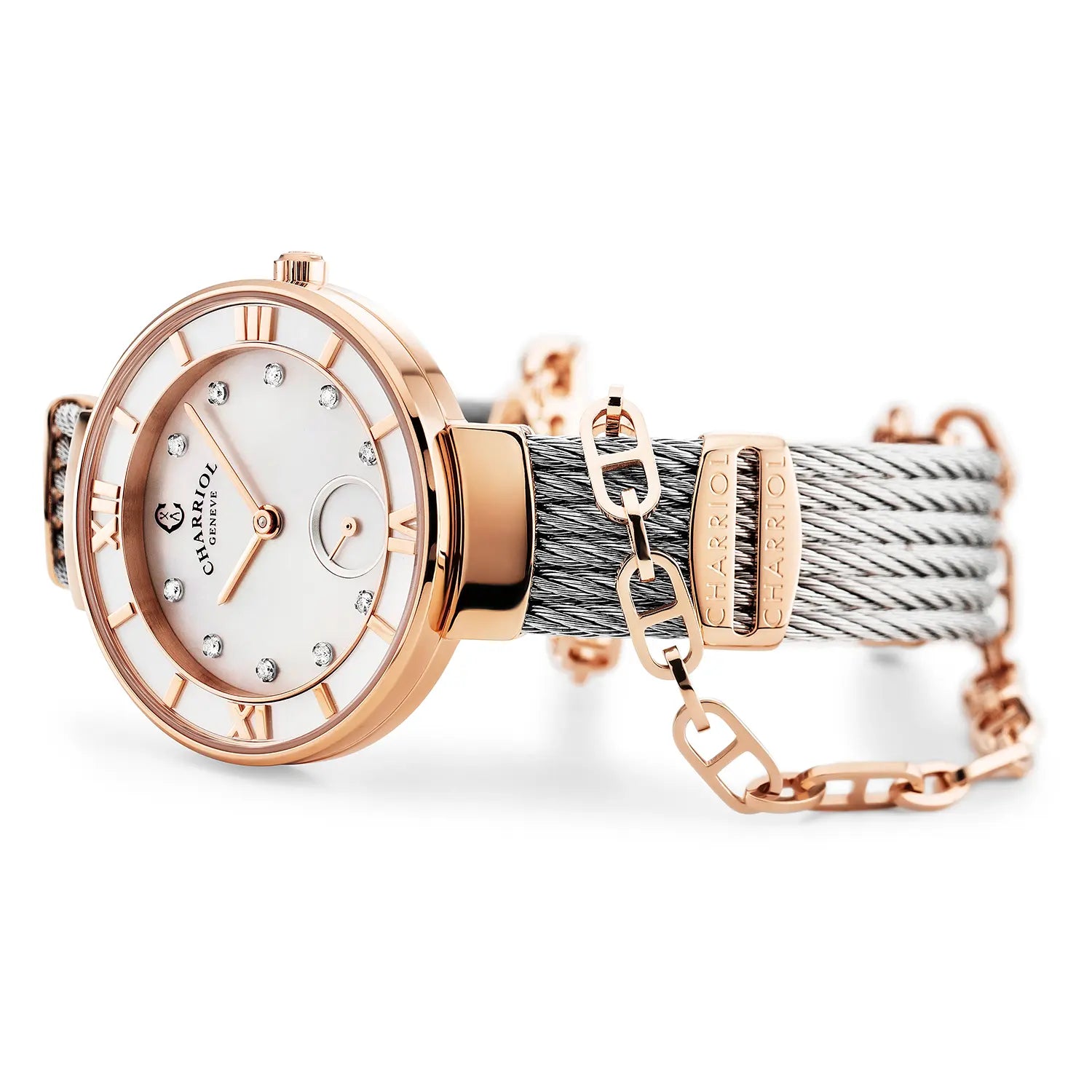 ST TROPEZ, 30MM, KUWARTS KALIBRE, INA-NG-PERLAS NA MAY 10 DIAMONDS DIAL, INA-NG PERLAS BEZEL, BAKAL CABLE PULSERAS - Charriol Geneve - Panoorin