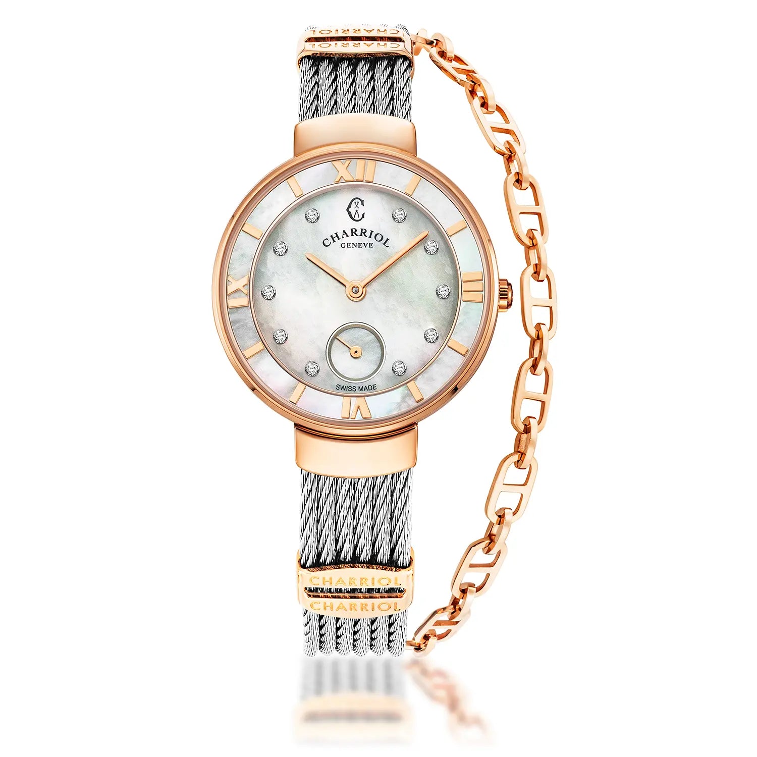 ST TROPEZ, 30MM, KUWARTS KALIBRE, INA-NG-PERLAS NA MAY 10 DIAMONDS DIAL, INA-NG PERLAS BEZEL, BAKAL CABLE PULSERAS - Charriol Geneve - Panoorin