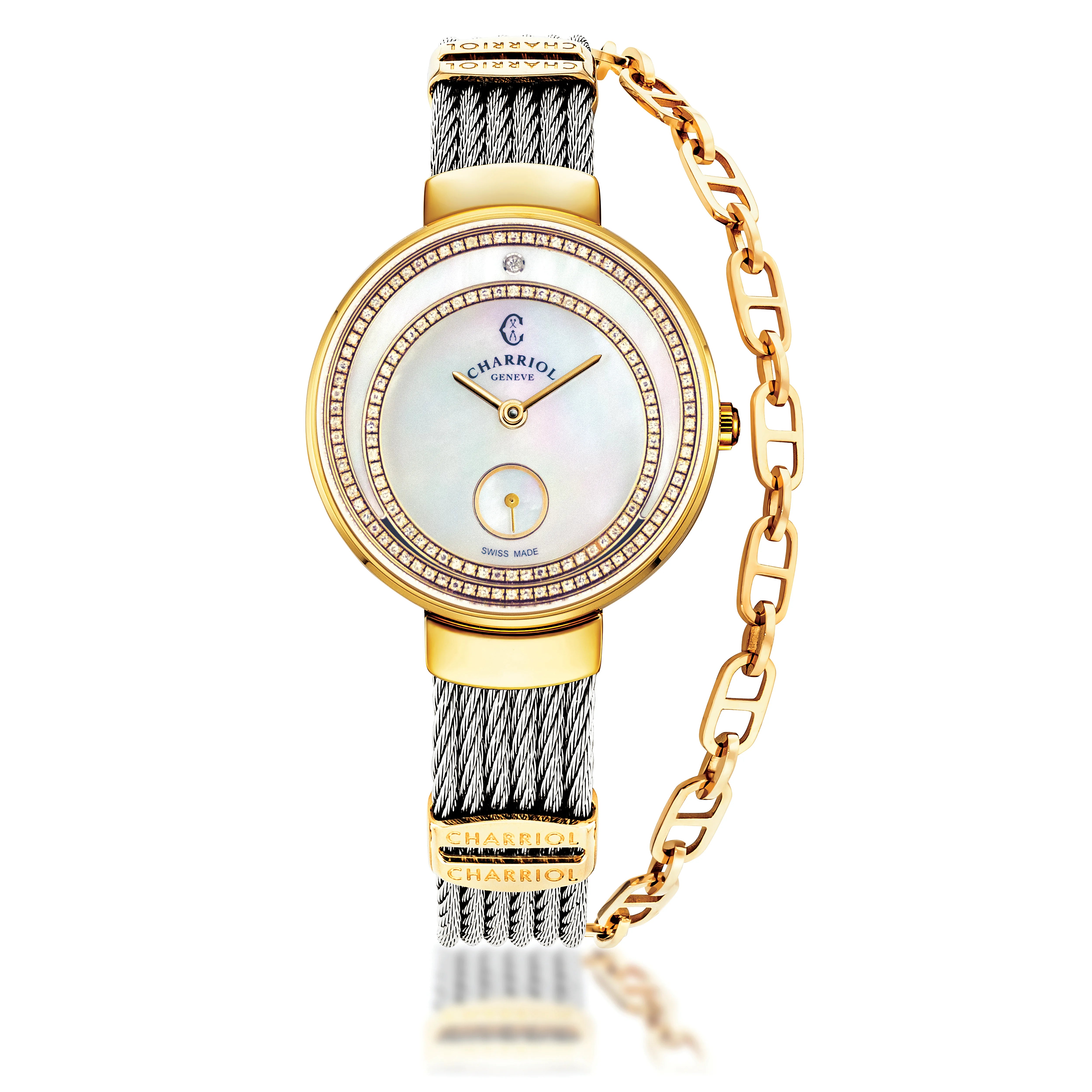 ST-TROPEZ® ECLIPSE, 30MM, STEEL YELLOW GOLD PVD BEZEL, WHITE MOTHER-OF-PEARL WITH 140 DIAMONDS DIAL, STEEL CABLE WITH YELLOW GOLD PVD DECORS BRACELET - ©2025 Philippe Charriol International Ltd. - Watch