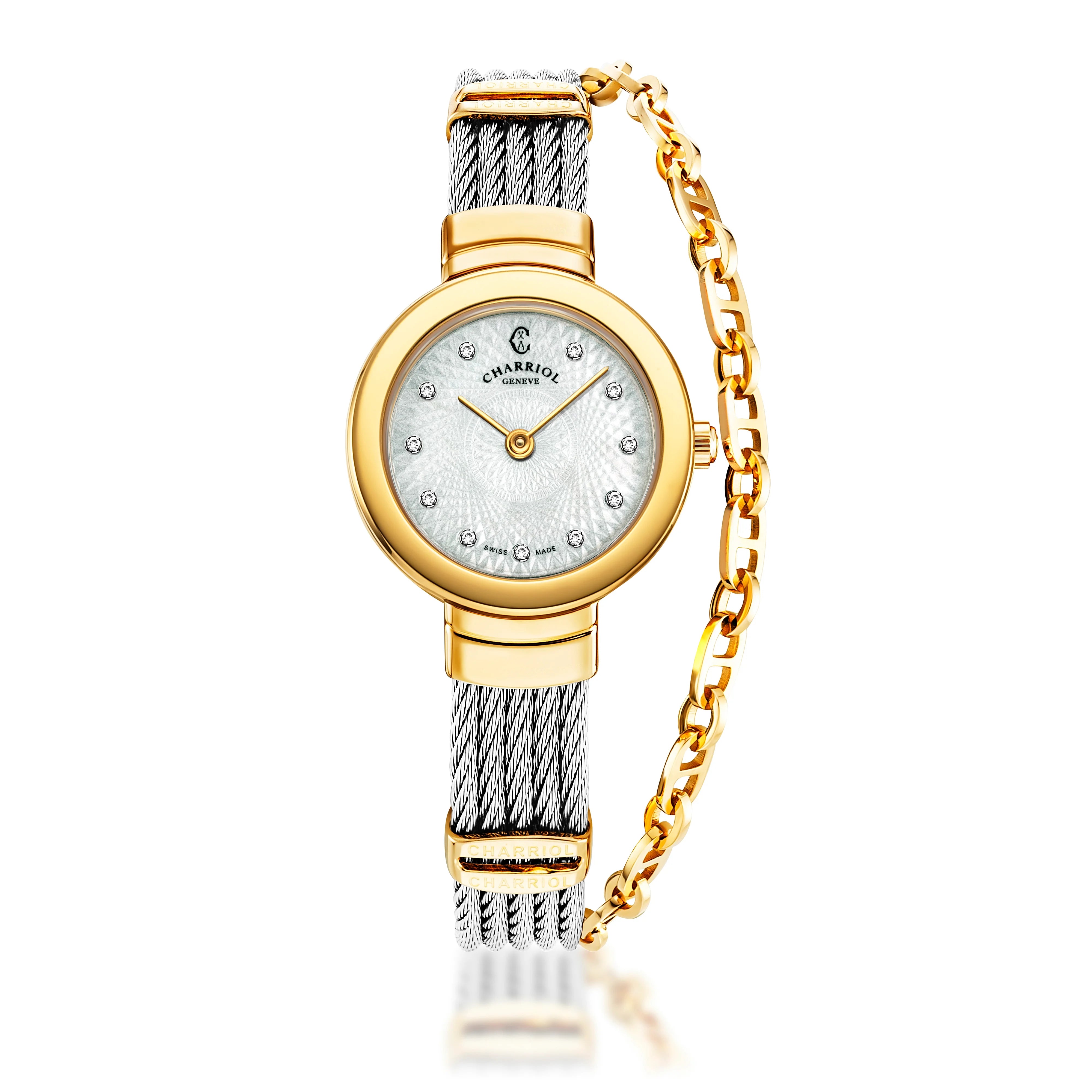 ST-TROPEZ® GUILLOCHE, 25MM, STEEL YELLOW GOLD PVD BEZEL, WHITE GUILLOCHE MOTHER-OF-PEARL WITH 10 DIAMONDS DIAL, STEEL CABLE WITH YELLOW GOLD PVD DECORS BRACELET - ©2025 Philippe Charriol International Ltd. - Watch