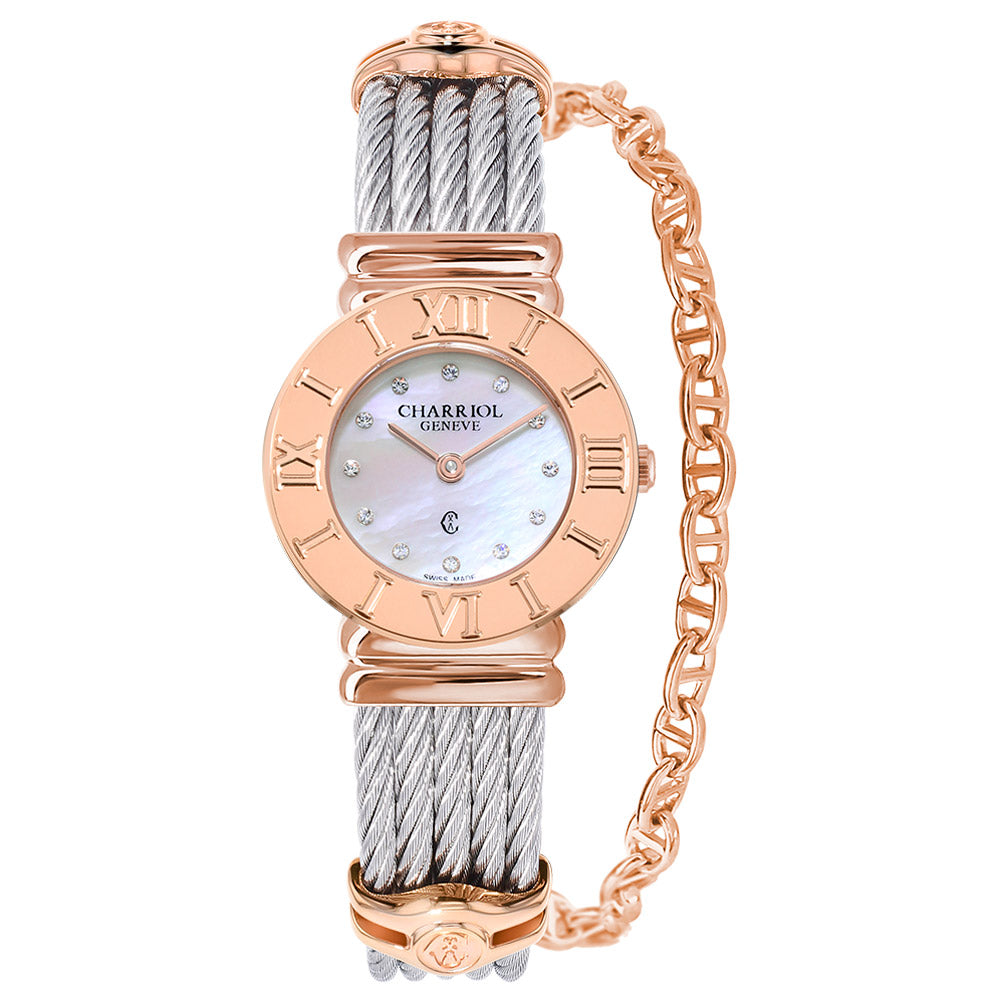 St-Tropez Icon 24,5mm, Steel Cable, Rose Gold with Roman Numerals Bezel, White MOP Dial with 12 White Diamonds Index - Charriol -  Watch