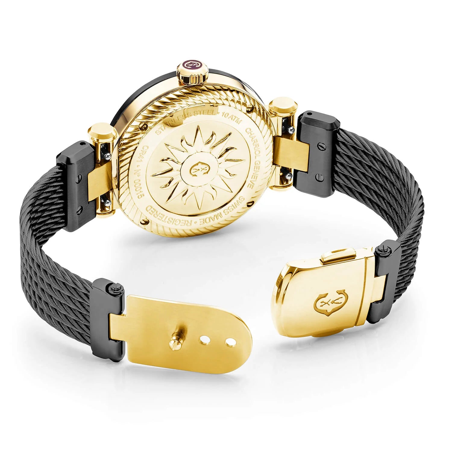 NAVIGATOR CRUISE, 41MM, QUARTZ CALIBRE, BLACK WITH 2 YELLOW ARABIC AND 9 INDEX, STEEL BLACK PVD "CHARRIOL CHARRIOL" WITH 2 SCREWS BEZEL, STEEL BLACK PVD INTERCHANGEABLE CABLE BRACELET WITH YELLOW GOLD ATTACHED - © 2024 Charriol -  Watch