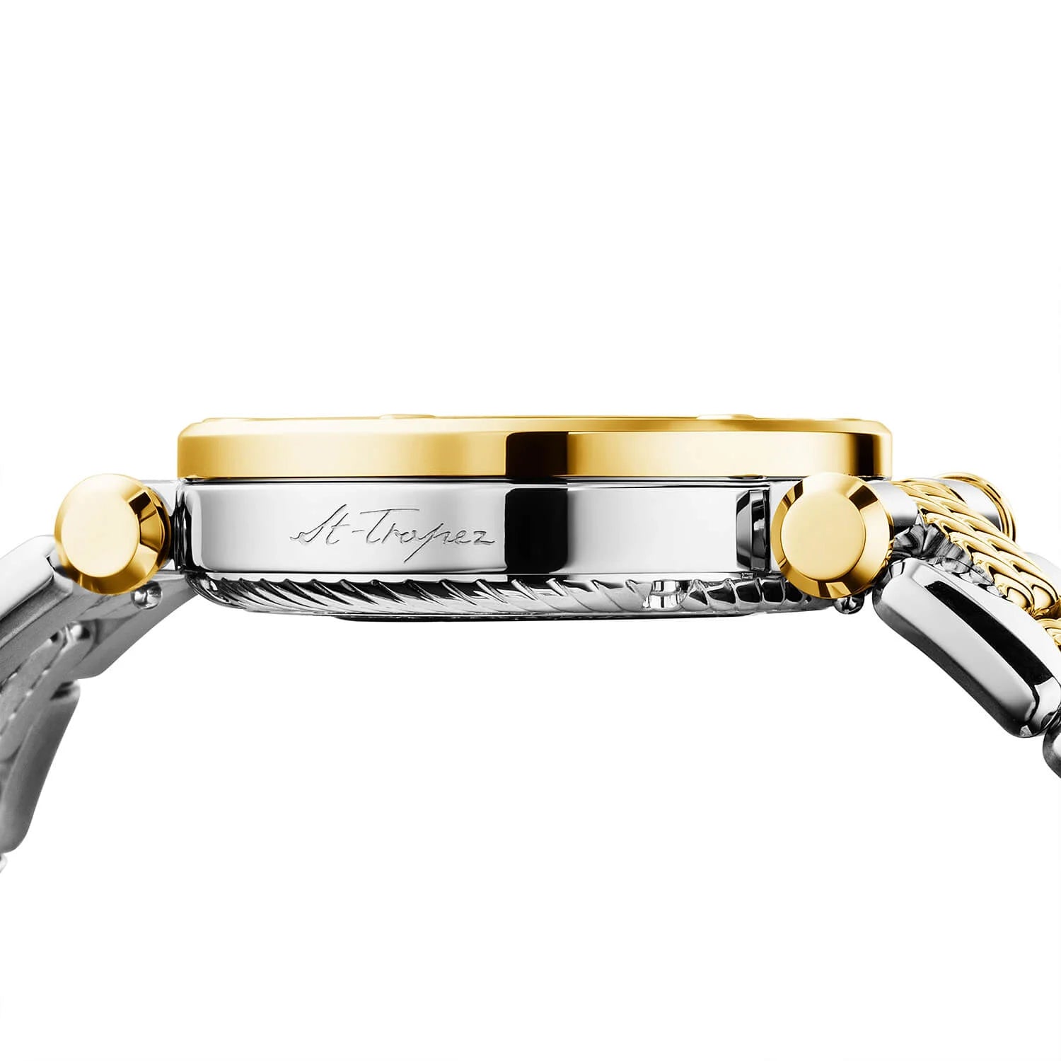 NAVIGATOR CRUISE, 36MM, CHARRIOL SKELETON AUTOMATIC CALIBRE, CRYSTAL WITH 12 DIAMONDS INDEX INNER RING DIAL, STEEL YELLOW GOLD PVD WITH 30 FULLCUTS DIAMONDS & 6 DIAMONDS BEZEL, METAL BICOLOR INTERCHANGEABLE BRACELET - © 2024 Charriol -  Watch