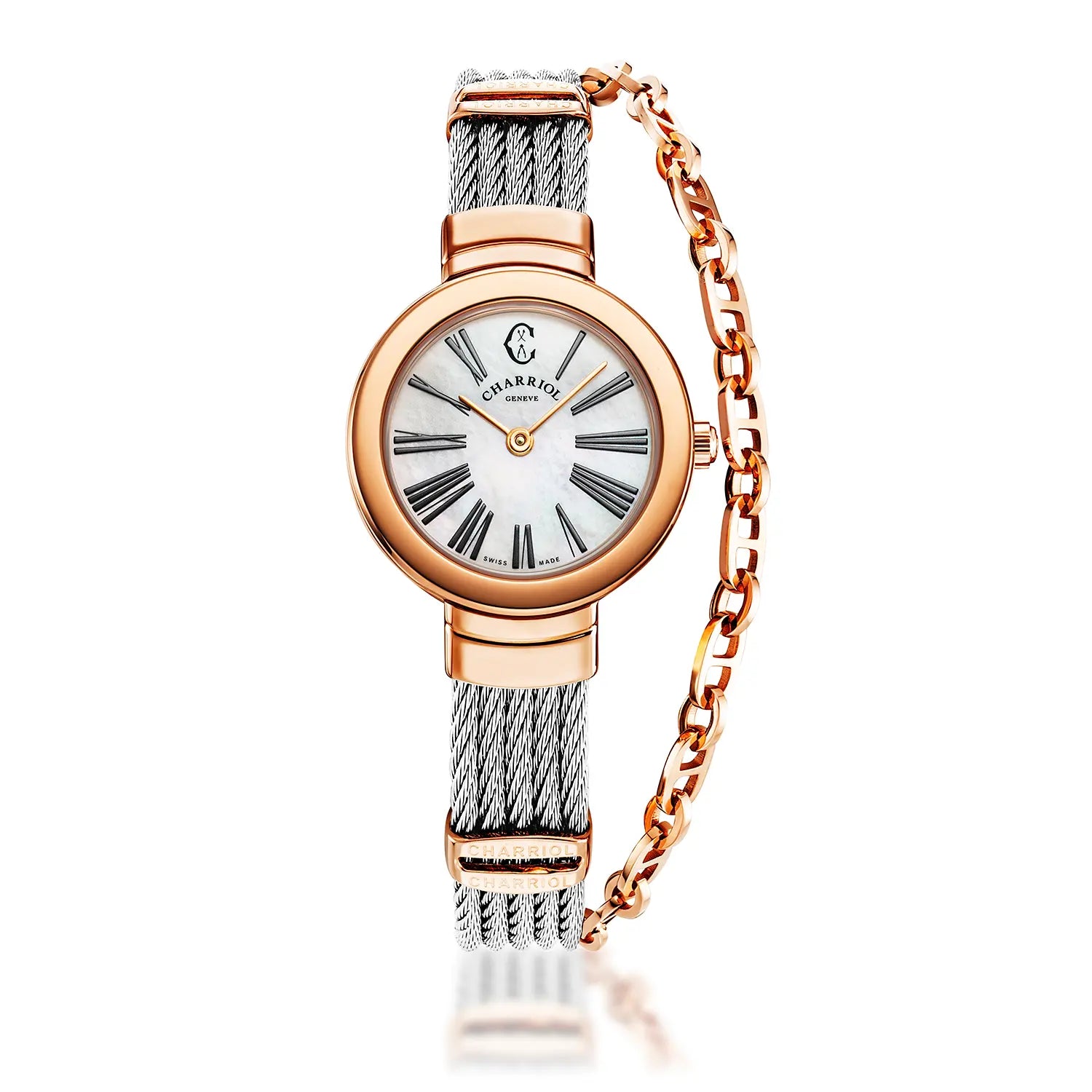 ST TROPEZ, 25MM, QUARTZ CALIBRE, MOTHER-OF-PEARL DIAL, ROSE GOLD PVD BEZEL, STEEL CABLE BRACELET - Charriol Geneve -  Watch