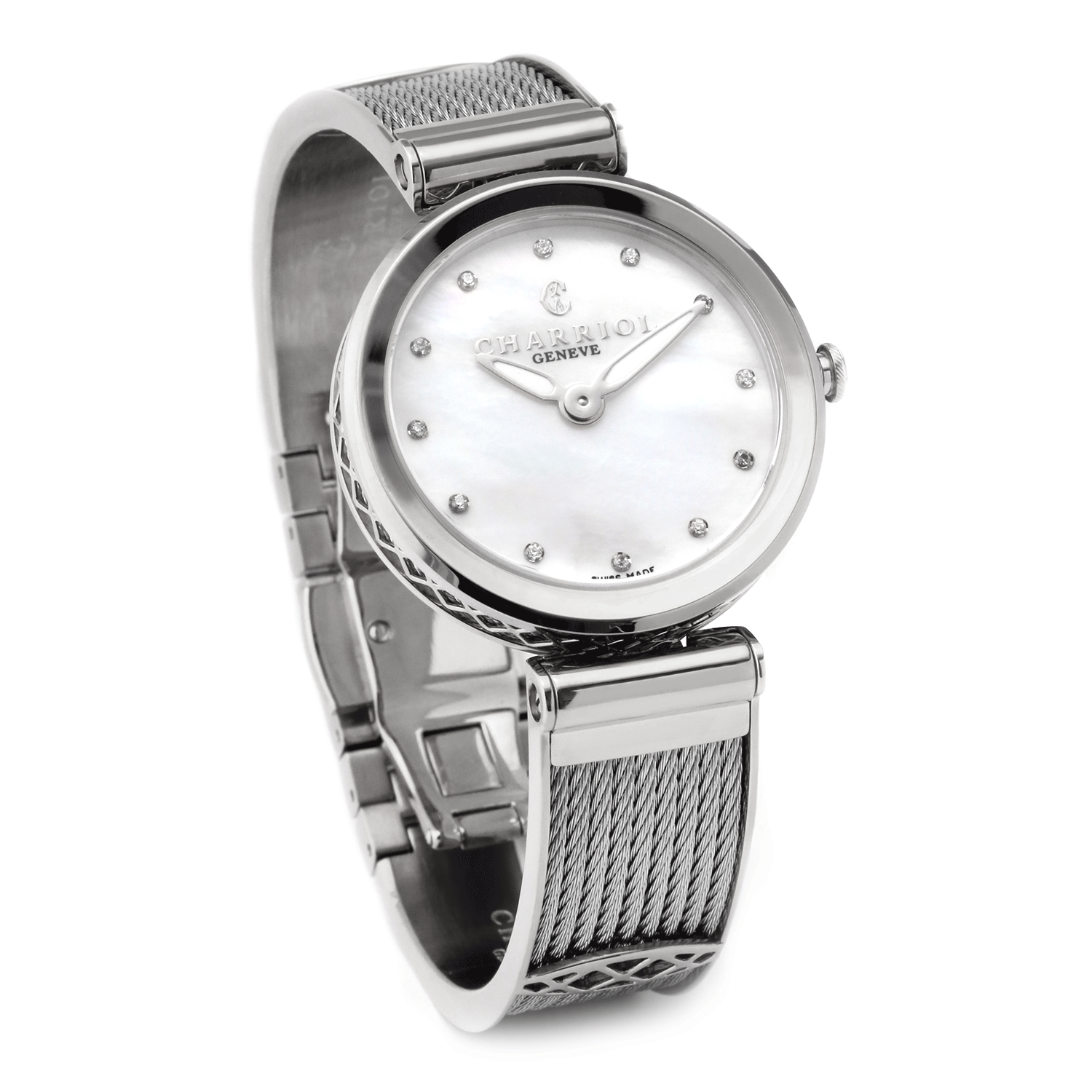 FOREVER, 32MM, KUWARTS KALIBRE, PUTING INA-NG-PERLAS NA MAY 12 SIMILIS DIAL, BAKAL BEZEL, BAKAL CABLE BRACELET - © 2024 Charriol - Panoorin