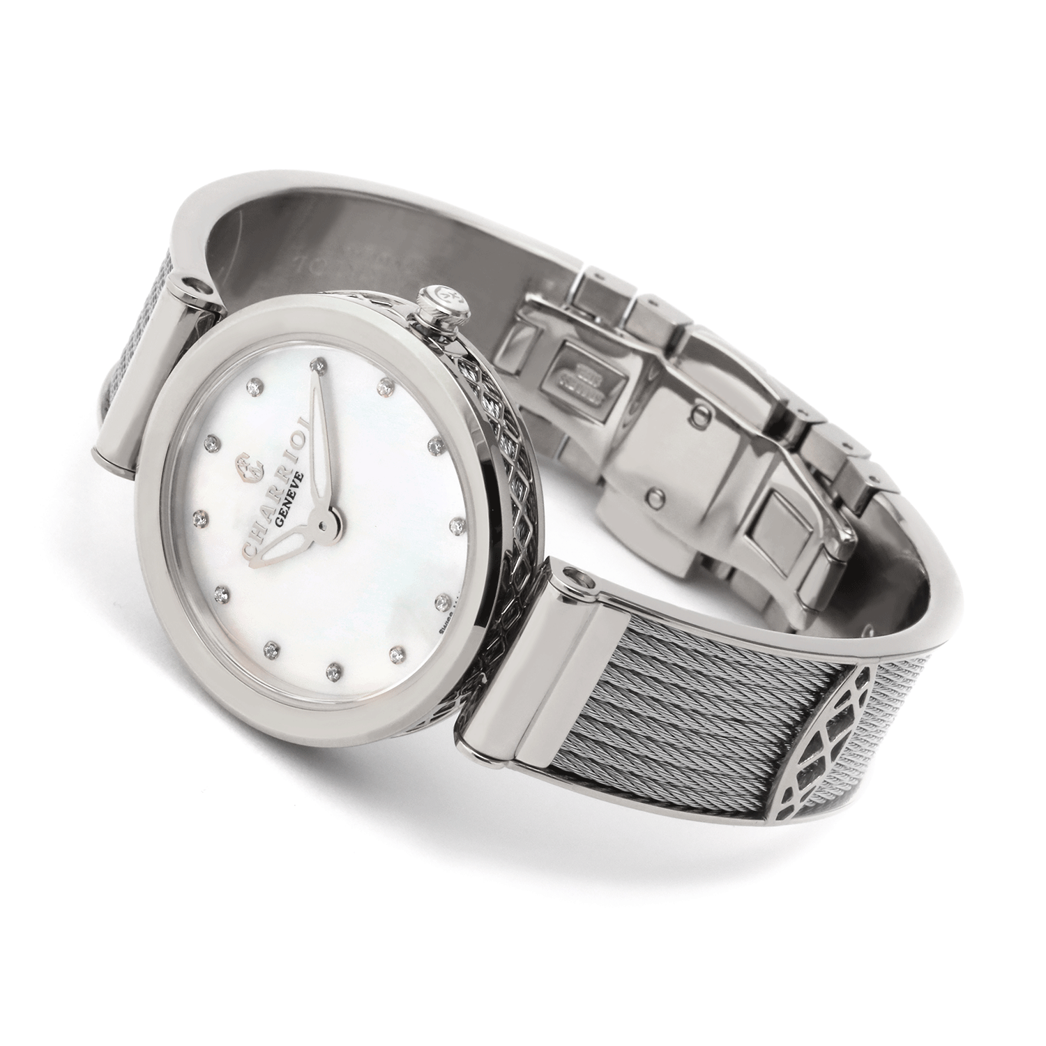 FOREVER, 32MM, KUWARTS KALIBRE, PUTING INA-NG-PERLAS NA MAY 12 SIMILIS DIAL, BAKAL BEZEL, BAKAL CABLE BRACELET - © 2024 Charriol - Panoorin