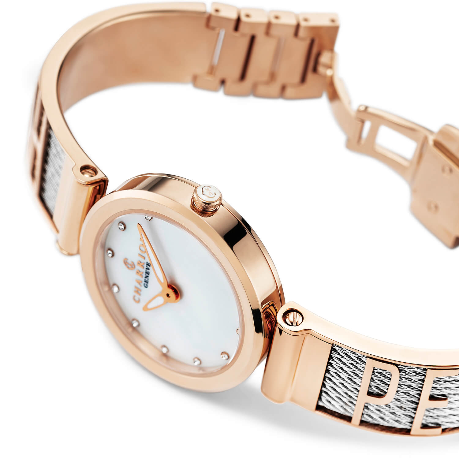 FOREVER IYONG, 32MM, KUWARTS KALIBRE, INA-NG-PERLAS NA MAY 12 DIAMONDS DIAL, ROSAS GINTO PVD BEZEL, BAKAL CABLE PULSERAS - Charriol Geneve - Panoorin