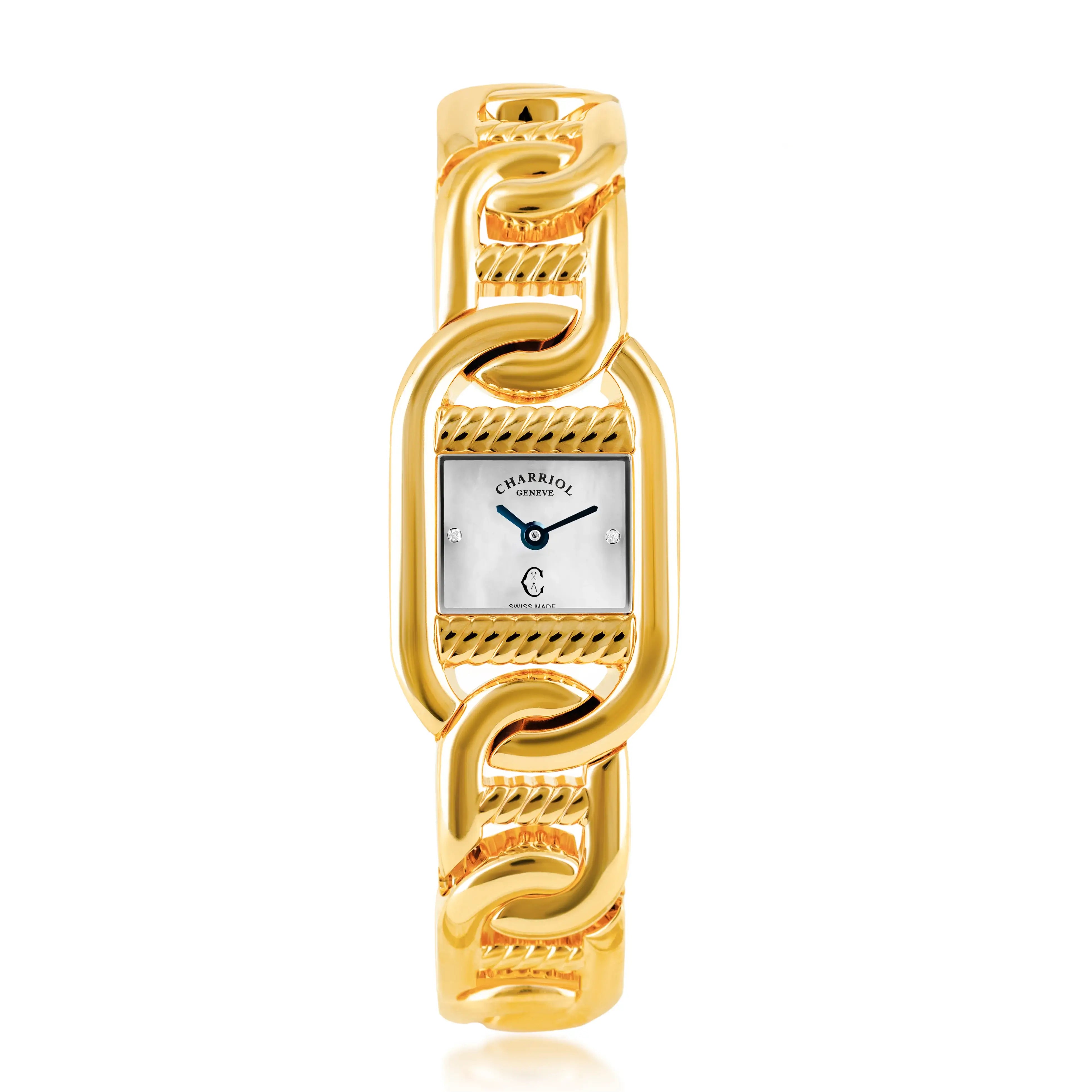 MARINER, 20MM, QUARTZ CALIBRE, YELLOW GOLD PLATED CASE, WHITE MOTHER-OF-PEARL WITH 2 DIAMONDS DIAL, YELLOW GOLD PLATED LINKS BRACELET - ©2025 Philippe Charriol International Ltd. -  Watch