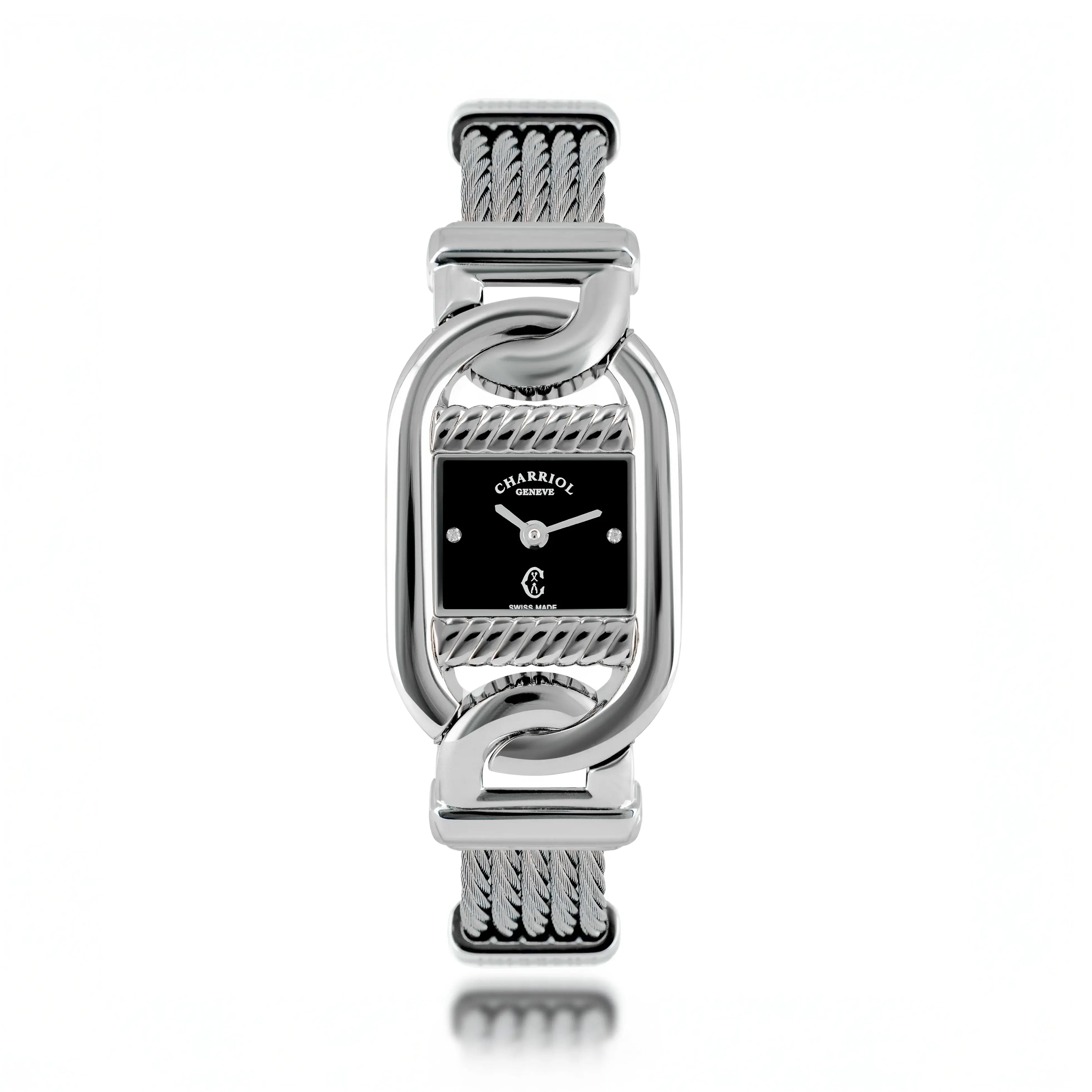 MARINER, 20MM, QUARTZ CALIBRE, STEEL CASE, BLACK MOTHER-OF-PEARL WITH 2 DIAMONDS DIAL, STEEL CABLE BRACELET