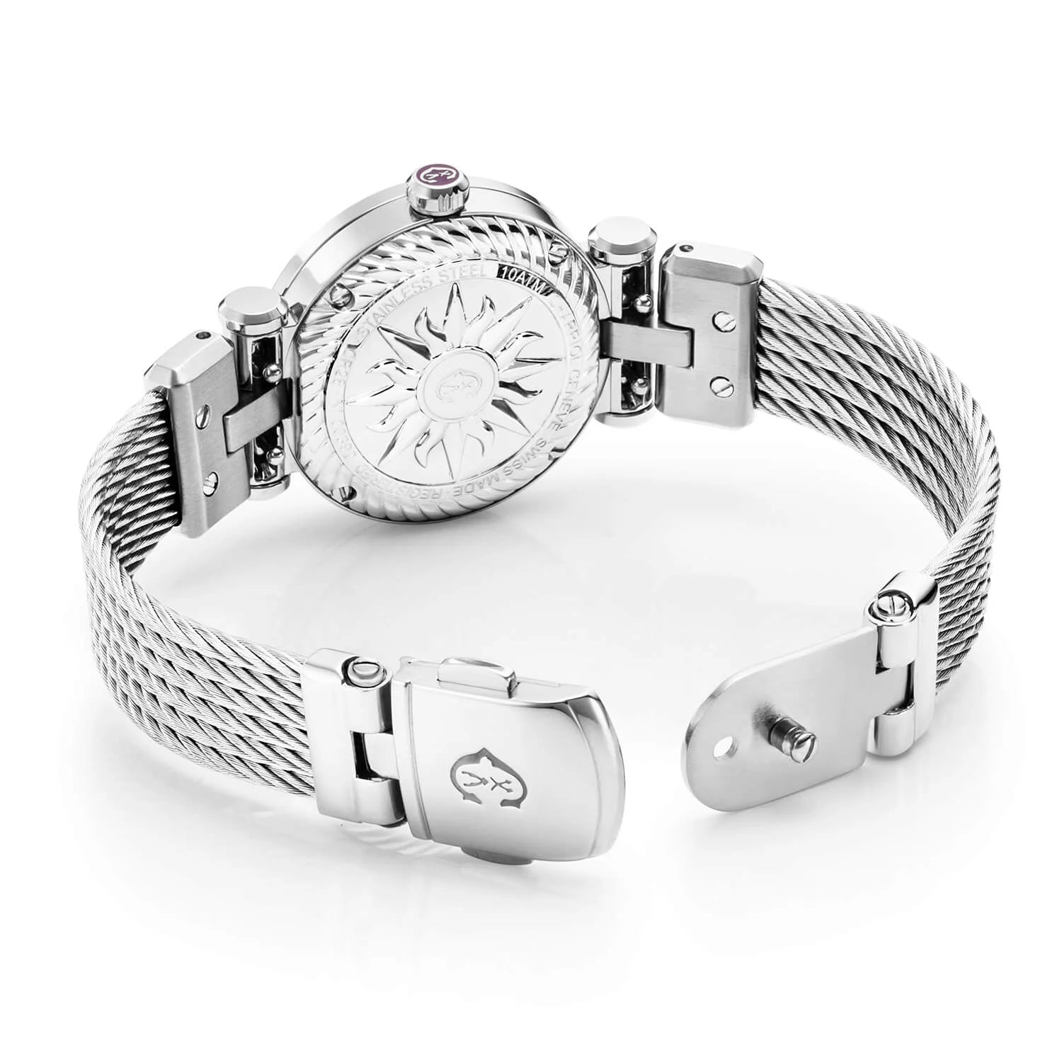 NAVIGATOR CRUISE, 28MM, MOONPHASE QUARTZ CALIBRE, AVENTURINE PRINTED WITH 12 DIAMONDS DIAL, STEEL "CHARRIOL CHARRIOL" WITH 2 SCREWS BEZEL, STEEL INTERCHANGEABLE CABLE BRACELET - © 2024 Charriol -  Watch