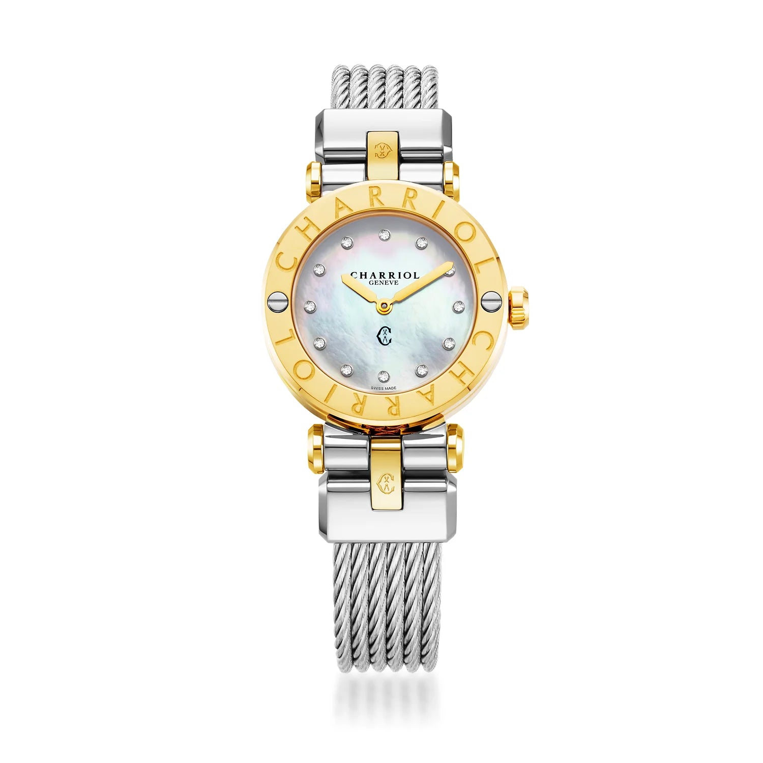 NAVIGATOR CRUISE, 28MM, QUARTZ CALIBRE, MOTHER-OF-PEARL WITH 12 DIAMONDS DIAL, "CHARRIOL CHARRIOL" BEZEL, STEEL CABLE INTERCHANGEABLE BRACELET - Charriol Geneve -  Watch