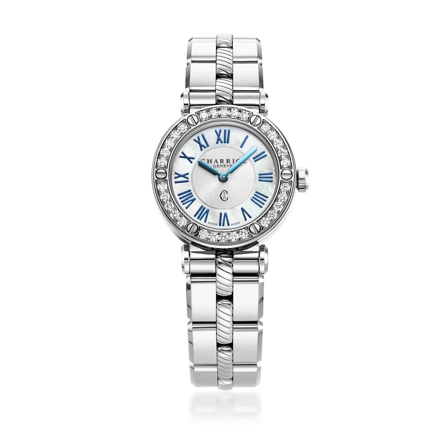 NAVIGATOR CRUISE, 28MM, QUARTZ CALIBRE, WHITE MOTHER-OF-PEARL  WITH 12 ROMAN FIGURES DIAL, STEEL WITH 30 DIAMONDS AND 6 SCREWS BEZEL, METAL INTERCHANGEABLE BRACELET - © 2024 Charriol -  Watch