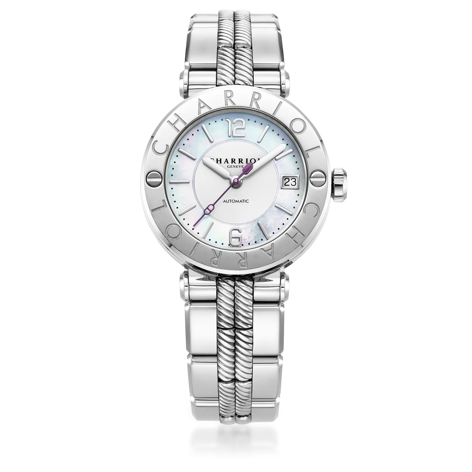 St Tropez Cruise 36mm Awtomatikong Panoorin ang Light Grey Bracelet, Light Grey & 2 Screws Bezel at White MOP Dial - Charriol Geneve - Panoorin