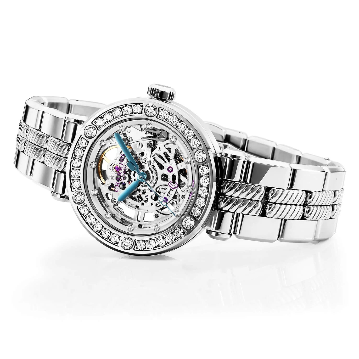 NAVIGATOR CRUISE, 36MM, CHARRIOL SKELETON AUTOMATIC CALIBRE, CRYSTAL WITH 12 DIAMONDS INDEX INNER RING DIAL, STEEL WITH 30 FULLCUTS DIAMONDS & 6 DIAMONDS, METAL INTERCHANGEABLE BRACELET - © 2024 Charriol -  Watch