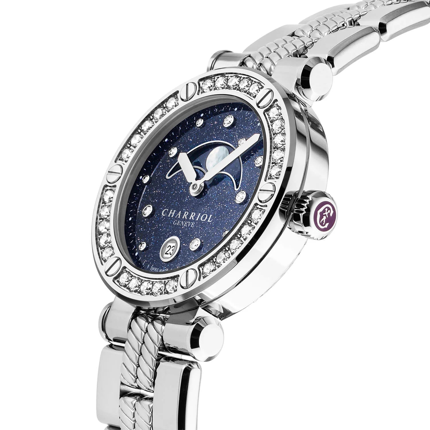 NAVIGATOR CRUISE, 36MM, MOONPHASE QUARTZ CALIBRE, AVENTURINE PRINTED WITH 11 DIAMONDS DIAL, STEEL WITH 30 DIAMONDS AND 6 SCREWS BEZEL, METAL INTERCHANGEABLE BRACELET - © 2024 Charriol -  Watch