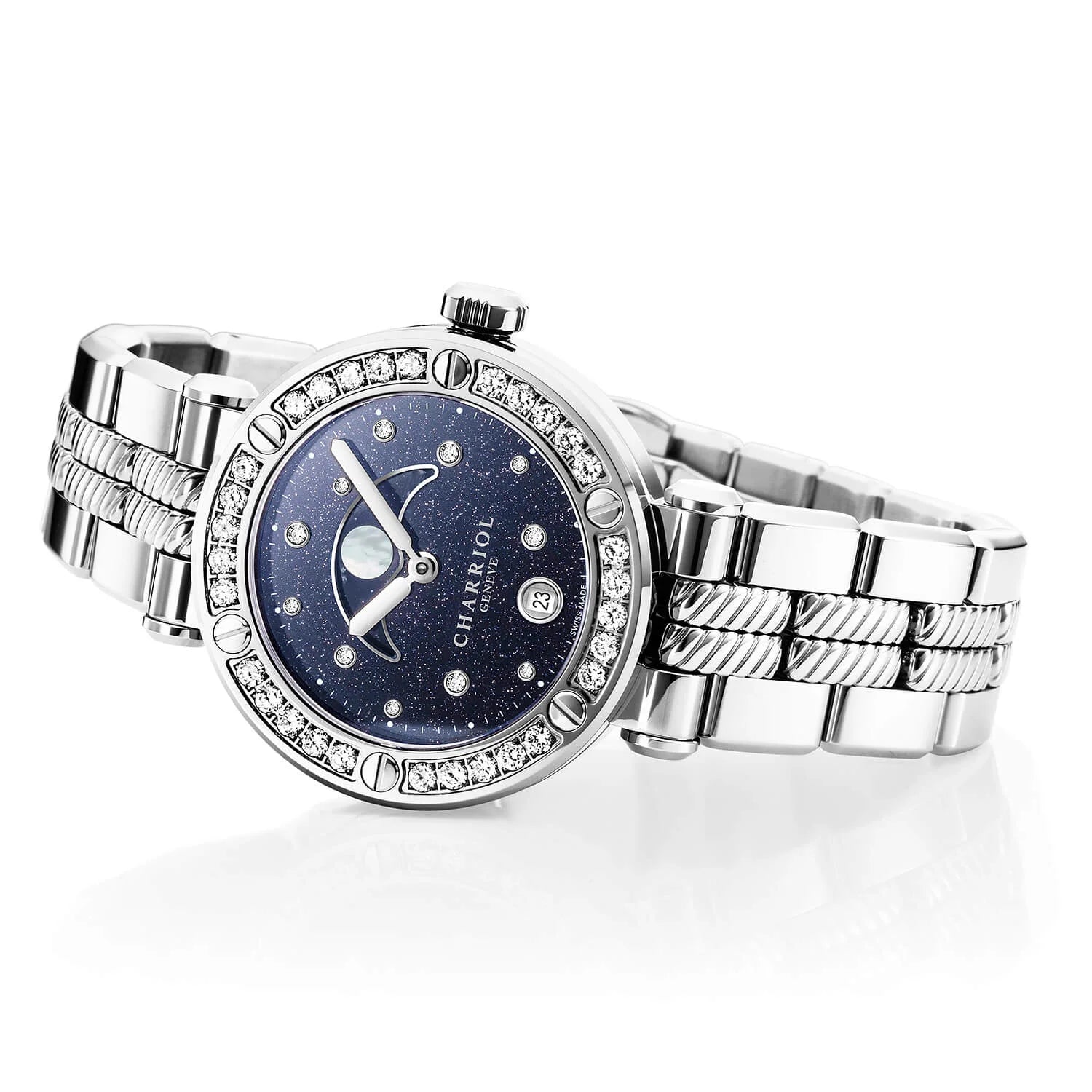 NAVIGATOR CRUISE, 36MM, MOONPHASE QUARTZ CALIBRE, AVENTURINE PRINTED WITH 11 DIAMONDS DIAL, STEEL WITH 30 DIAMONDS AND 6 SCREWS BEZEL, METAL INTERCHANGEABLE BRACELET - © 2024 Charriol -  Watch