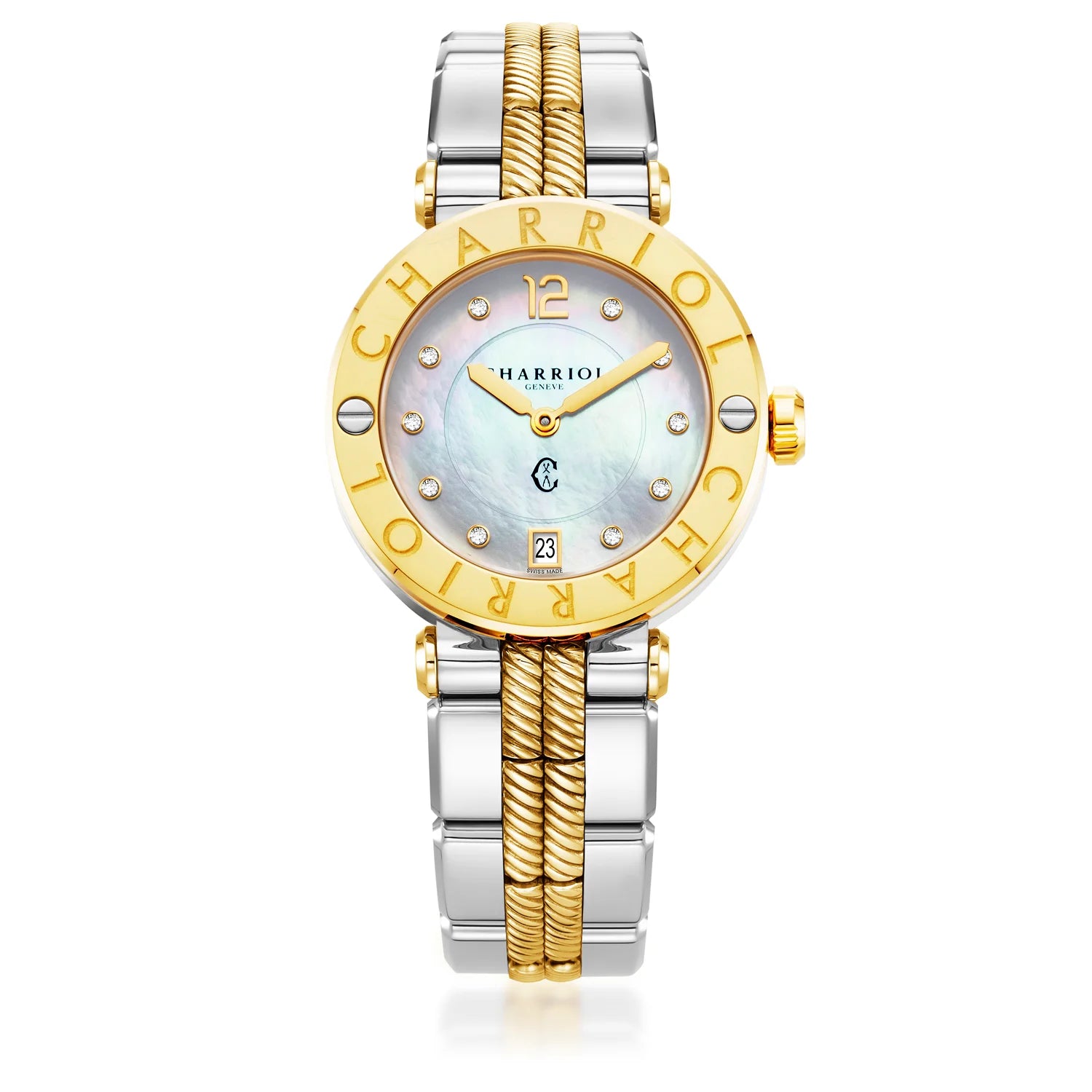 NAVIGATOR CRUISE, 36MM, KUWARTS KALIBRE, INA NG PERLAS NA MAY 10 DIAL DIAMONDS, "CHARRIOL CHARRIOL" BEZEL, BICOLOR MAPAGPAPALIT BRACELET - Charriol Geneve - Panoorin