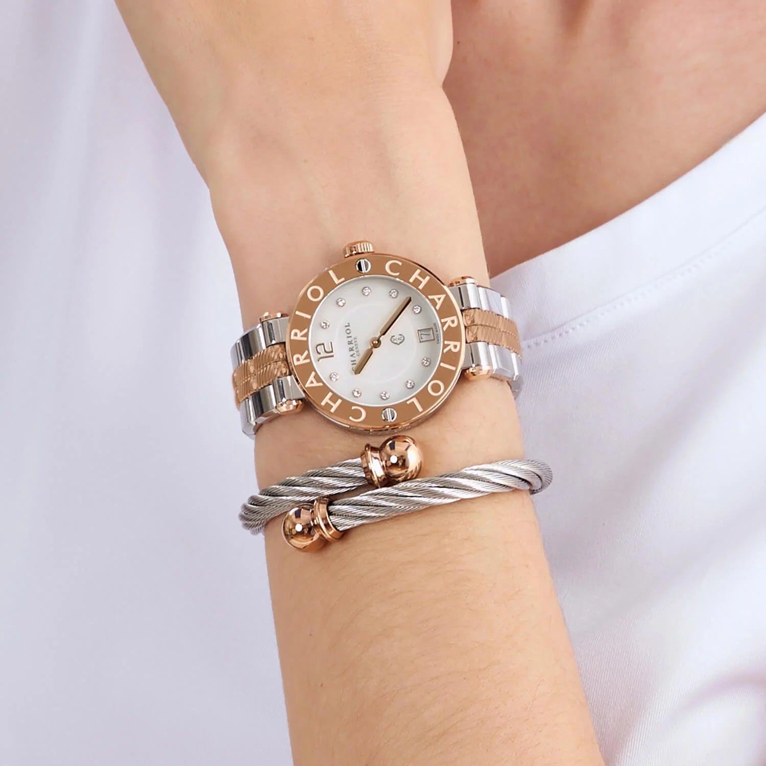 NAVIGATOR CRUISE, 36MM, QUARTZ CALIBRE, WHITE MOTHER-OF-PEARL WITH 10 DIAMONDS DIAL, STEEL ROSE GOLD PVD "CHARRIOL CHARRIOL" WITH 2 SCREWS BEZEL, METAL BICOLOR INTERCHANGEABLE BRACELET - © 2024 Charriol -  Watch