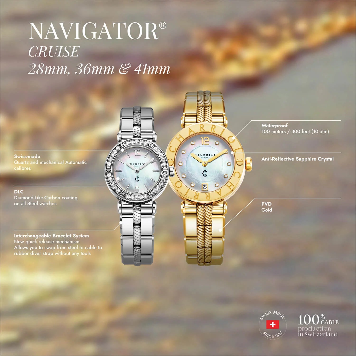 NAVIGATOR CRUISE, 28MM, INA-NG-PERLAS NA MAY 12 DIAMONDS DIAL, 30 DIAMONDS BEZEL, BAKAL MAPAGPAPALIT BRACELET - Charriol Geneve - Panoorin