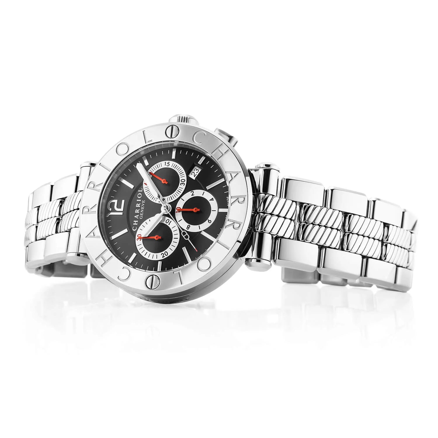 NAVIGATOR CRUISE, 41MM, QUARTZ CHRONOGRAPH CALIBRE, BLACK WITH 3 RHODIUM MIRRORS & INDEX DIAL, STEEL "CHARRIOL CHARRIOL" WITH 2 SCREWS BEZEL, METAL INTERCHANGEABLE BRACELET - © 2024 Charriol -  Watch
