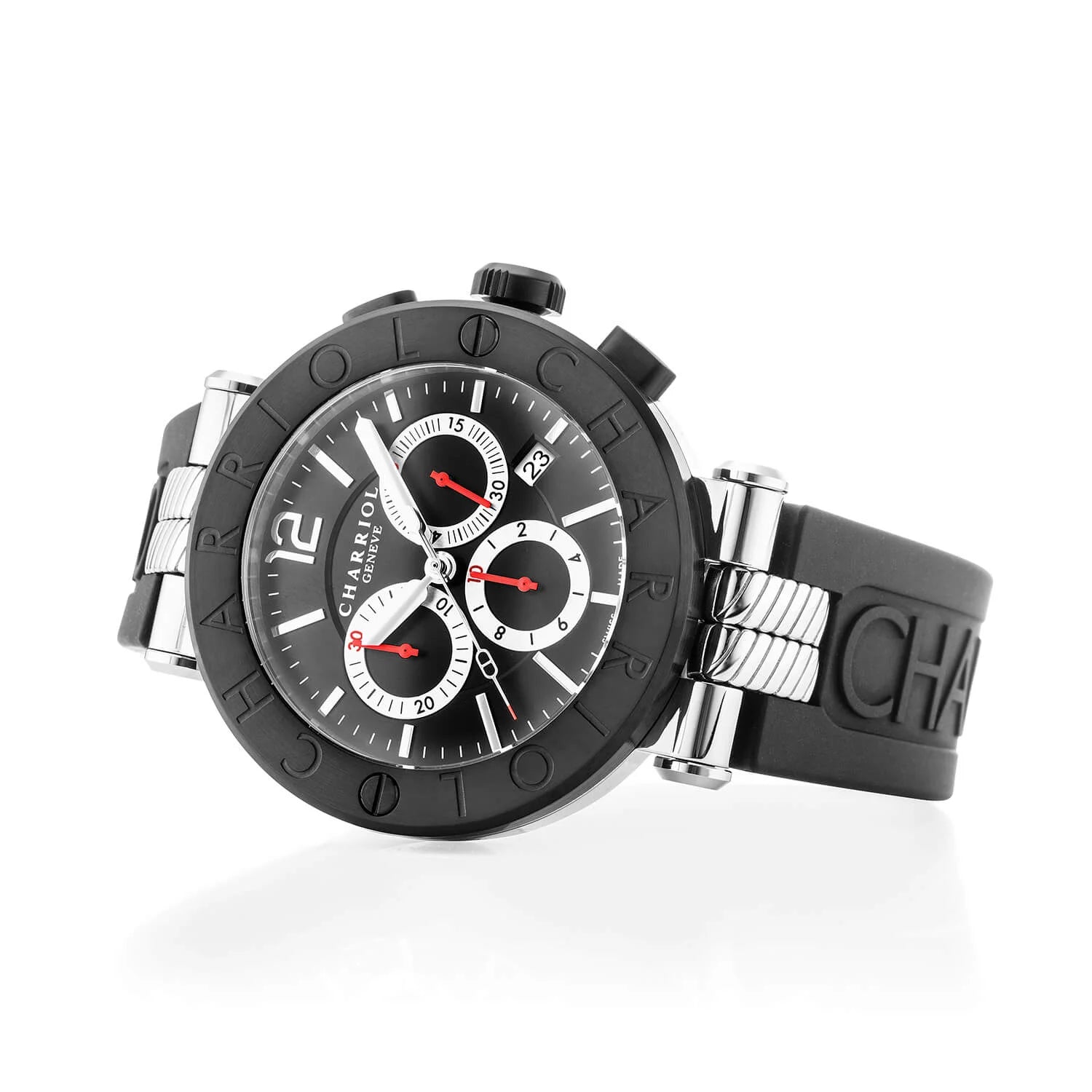 NAVIGATOR CRUISE, 41MM, KUWARTS KRONOGRAPO KALIBRE, ITIM NA MAY PULANG KRUS DIAL, BAKAL ITIM PVD "CHARRIOL CHARRIOL" BEZEL, ITIM NA GOMA MAPAGPAPALIT STRAP BRACELET - © 2024 Charriol - Panoorin