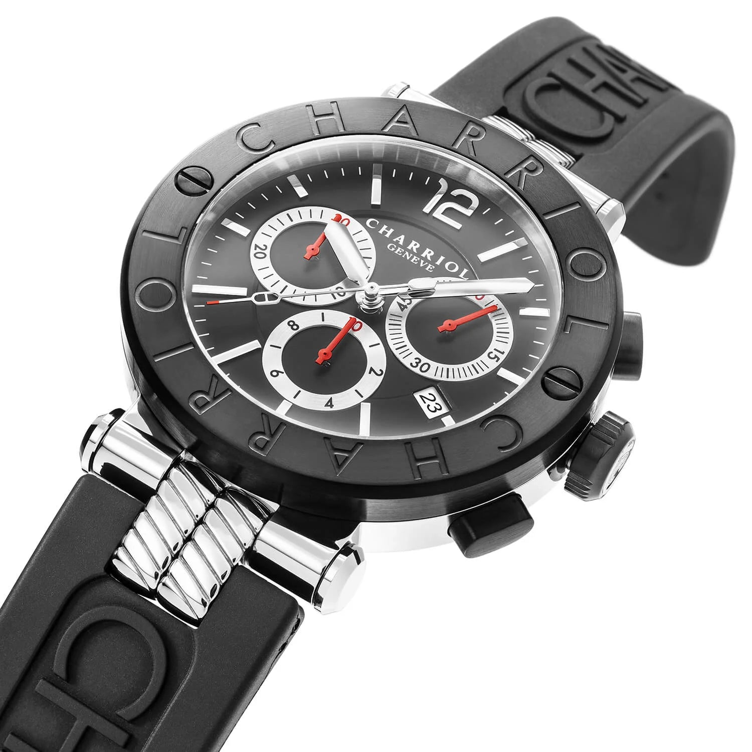 NAVIGATOR CRUISE, 41MM, KUWARTS KRONOGRAPO KALIBRE, ITIM NA MAY PULANG KRUS DIAL, BAKAL ITIM PVD "CHARRIOL CHARRIOL" BEZEL, ITIM NA GOMA MAPAGPAPALIT STRAP BRACELET - © 2024 Charriol - Panoorin