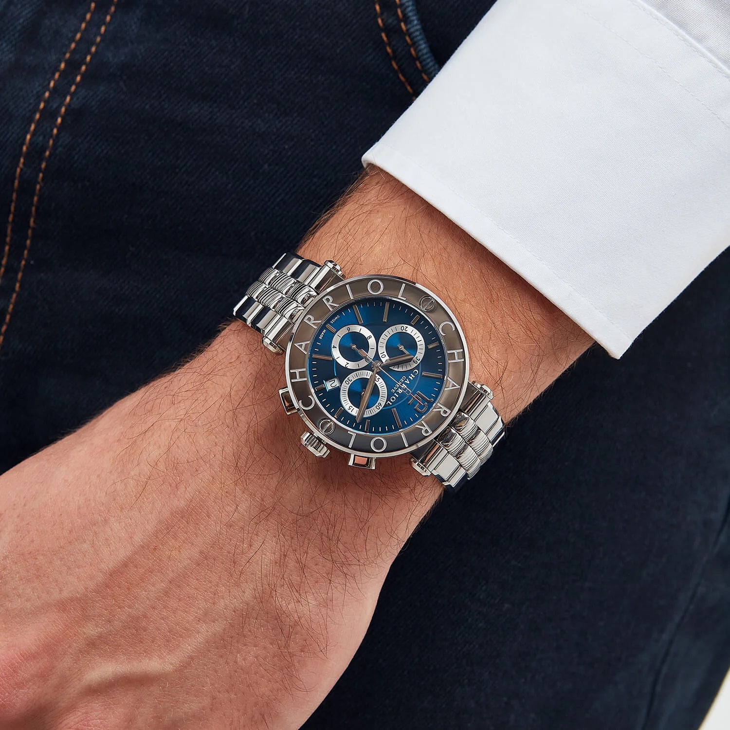 NAVIGATOR CRUISE, 41MM, QUARTZ CHRONOGRPH CALIBRE, BLUE WITH 3 RHODIUM MIRRORS & INDEX DIAL, STEEL "CHARRIOL CHARRIOL" WITH 2 SCREWS BEZEL, STEEL METAL INTERCHANGEABLE BRACELET - © 2024 Charriol -  Watch