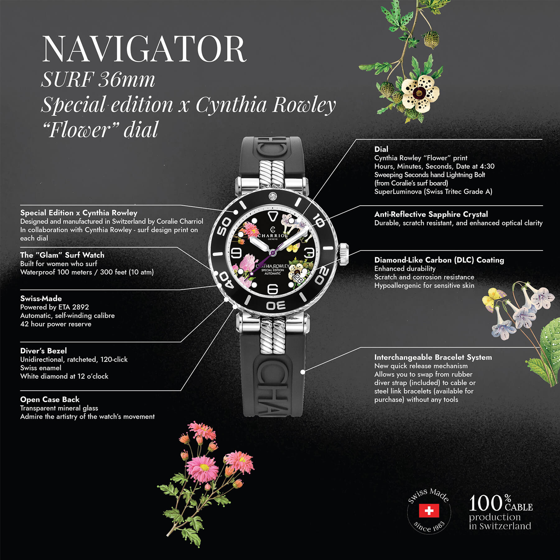NAVIGATOR SURF, 36MM, AWTOMATIKONG KALIBRE, BULAKLAK DIAL, ITIM NA MAY 1 DIAMOND BEZEL, ITIM NA GOMA NA MAPAGPAPALIT NA PULSERAS, ESPESYAL NA EDISYON X CYNTHIA ROWLEY - © 2024 Charriol - Panoorin