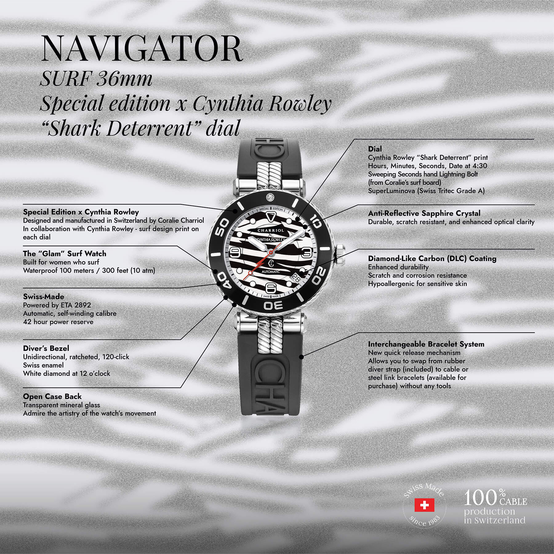 NAVIGATOR SURF, 36MM, AWTOMATIKONG KALIBRE, SHARK DETERRENT DIAL, ITIM NA MAY 1 DIAMOND BEZEL, ITIM NA GOMA NA MAPAGPAPALIT NA PULSERAS, ESPESYAL NA EDISYON X CYNTHIA ROWLEY - © 2024 Charriol - Panoorin