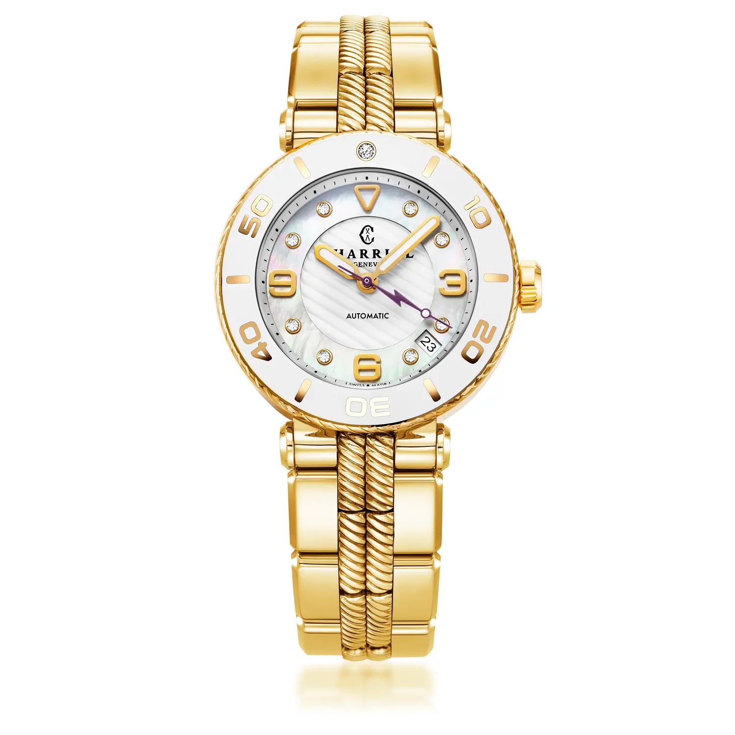 NAVIGATOR SURF, 36MM, AWTOMATIKONG KALIBRE, PUTING DIAL, PUTING BEZEL, DILAW NA GINTO PVD MAPAGPAPALIT BRACELET - Charriol Geneve - Panoorin