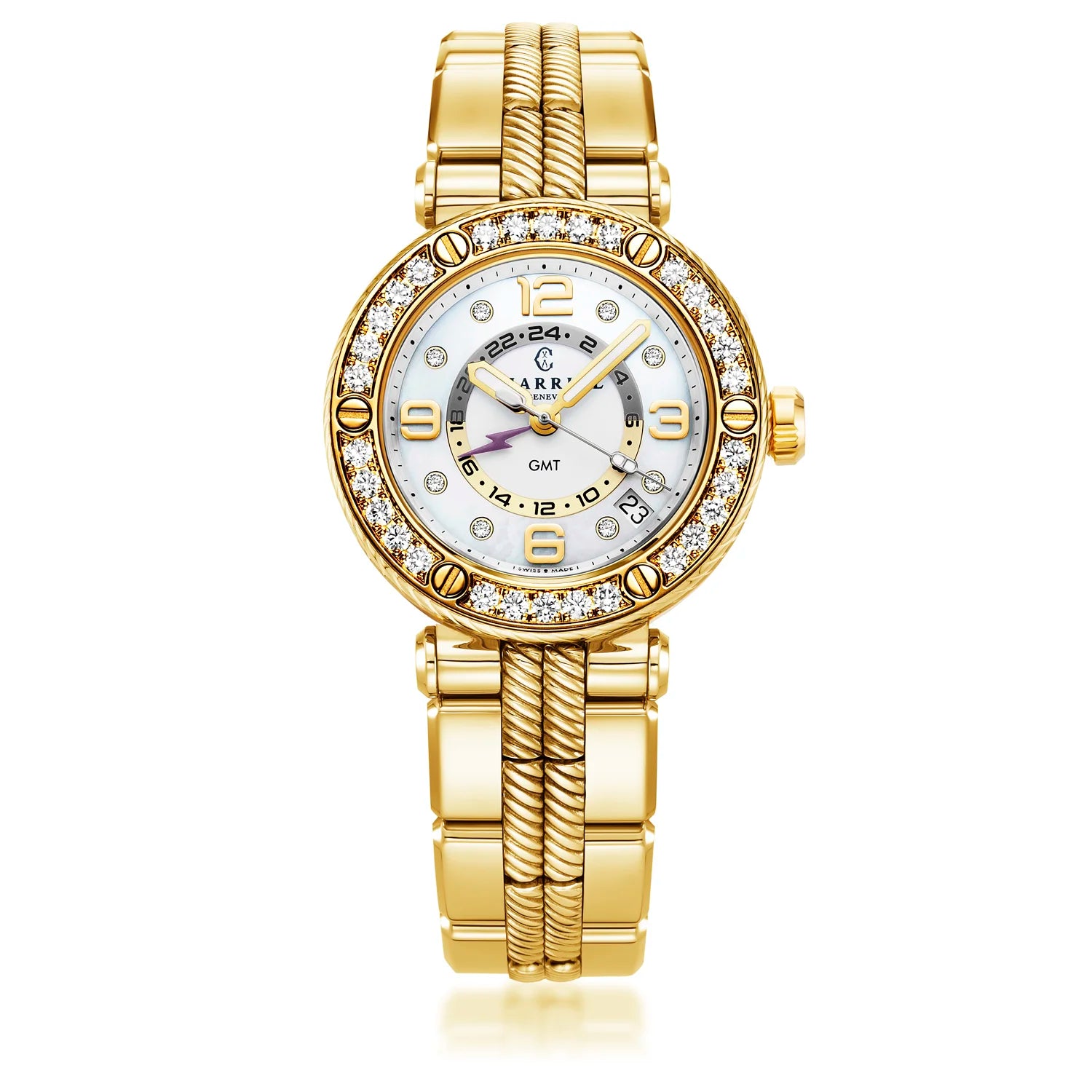 NAVIGATOR SURF GMT, 36MM, KUWARTS GMT KALIBRE, PUTING DIAL, 30 DIAMONDS BEZEL, DILAW NA GINTO PVD MAPAGPAPALIT BRACELET - Charriol Geneve - Panoorin