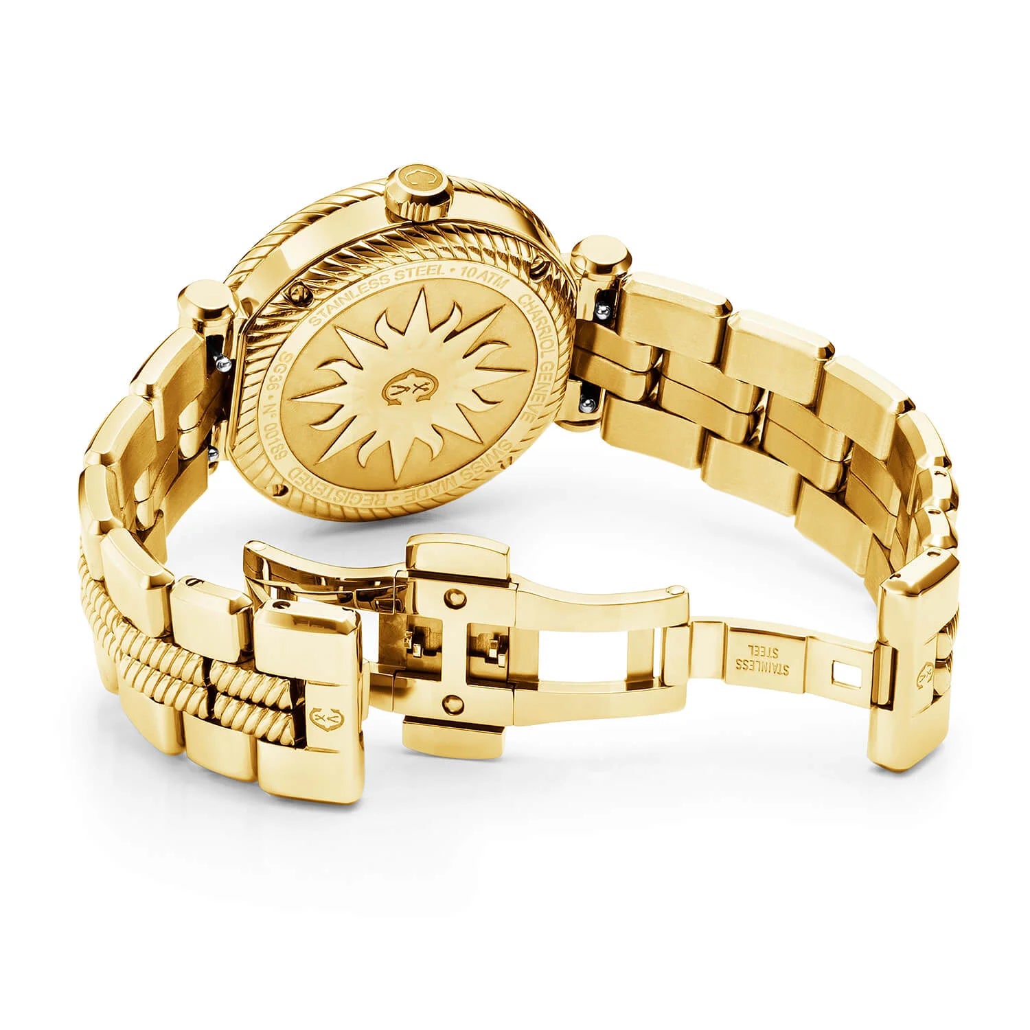 NAVIGATOR SURF GMT, 36MM, QUARTZ GMT CALIBRE, WHITE DIAL, 30 DIAMONDS BEZEL, YELLOW GOLD PVD INTERCHANGEABLE BRACELET - Charriol -  Watch